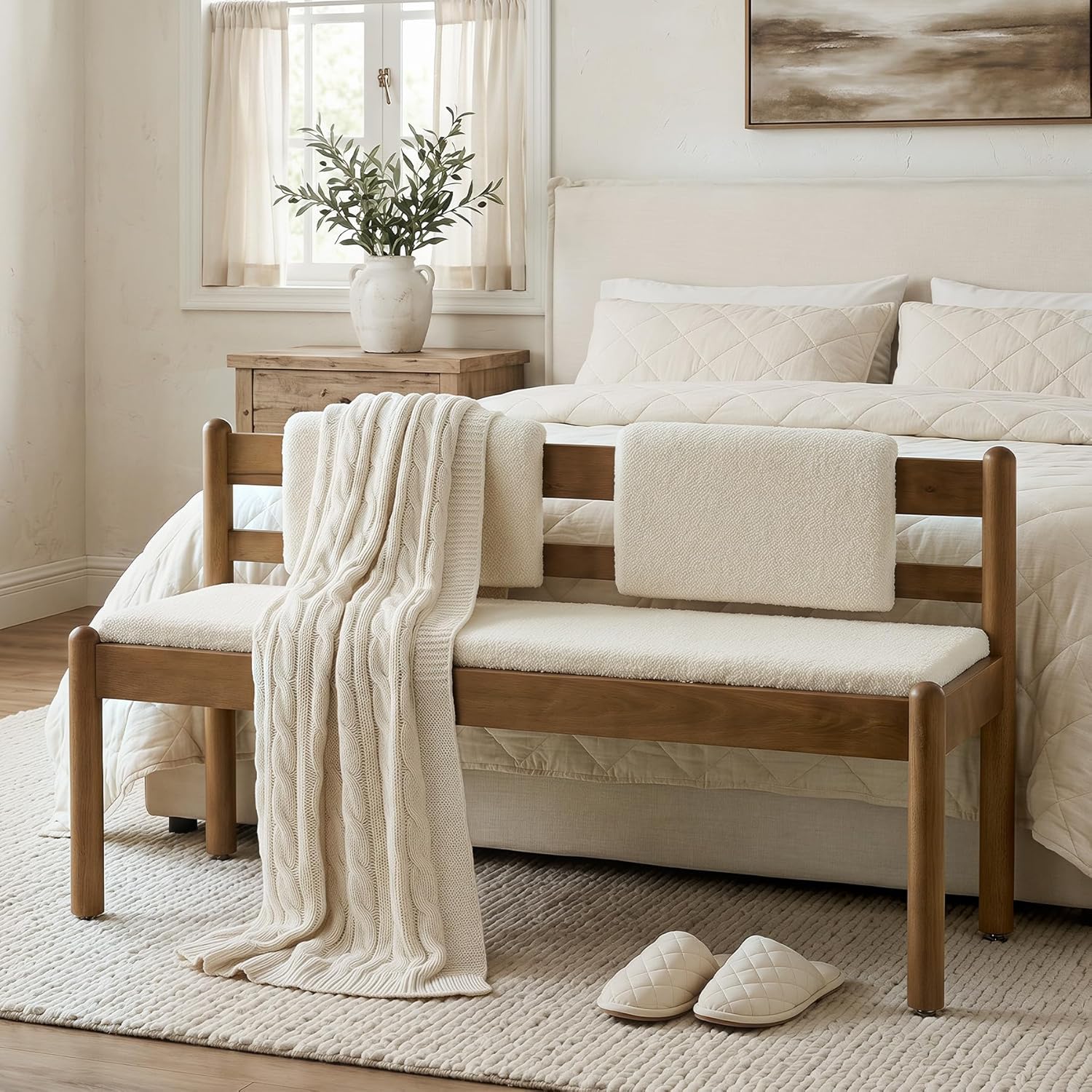 LITTLE TREE Solid Wood Entryway Bench, 49" Dining Bench with Back, Wood Settee Bench with Upholstered Seat, Farmhouse Bedroom Bench for End of Bed, Dining Room, Mudroom, Entryway, White + Walnut Brown