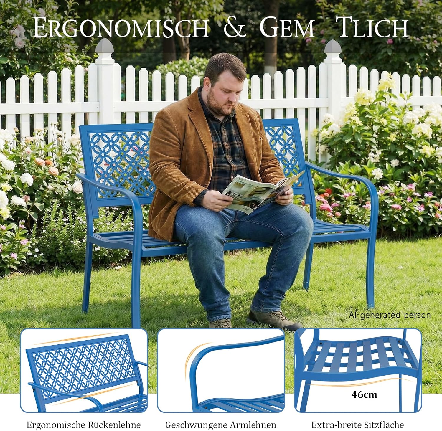 ONBRILL 50" Outdoor Bench Weatherproof, 700 lbs Capacity Heavy Duty Garden Benches with Galvanized Metal Frame, Patio Bench with Floral Backrest, Patio Furniture for Porch, Park, Yard, Entryway, Blue