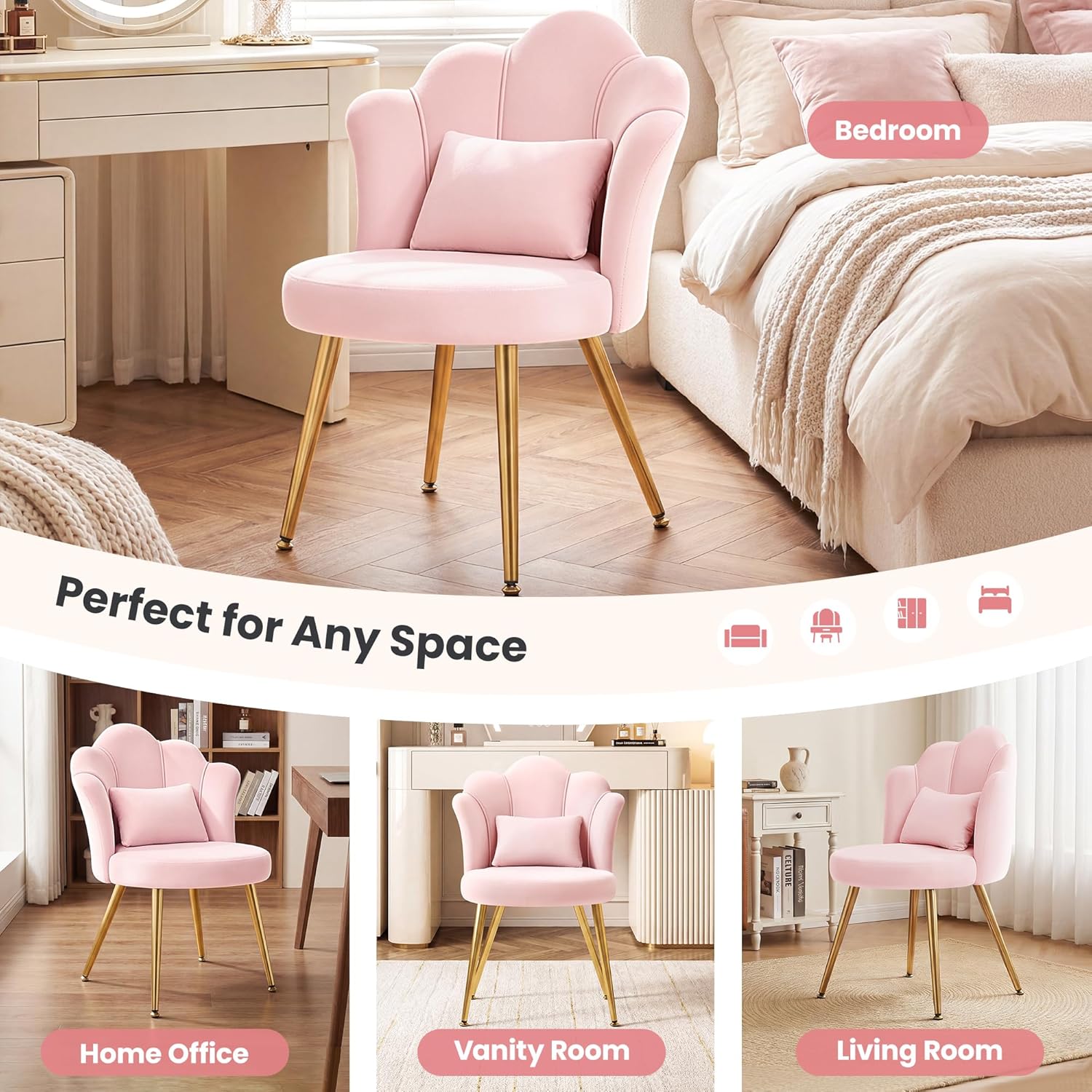BestGlory Petal Makeup Vanity Chair with Back, Flower Chair Comfy No Wheels for Girls Women, Makeup Chair with Golden Metal Legs & Lumbar Pillow for Living Room/Makeup Room/Bedroom/Home Office - Pink