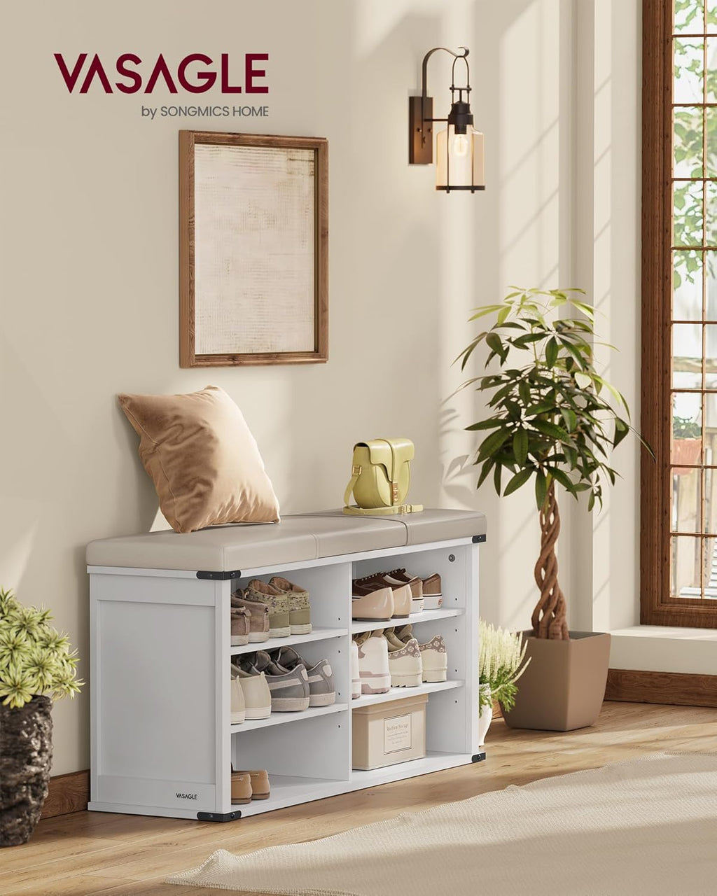 VASAGLE LIRY Collection - Shoe Storage Bench with Removable Cushion, Shoe Rack with Padded Seat, Entryway Bench with 6 Open Compartmens, Adjustable Shelves, Cloud White ULSB105W01