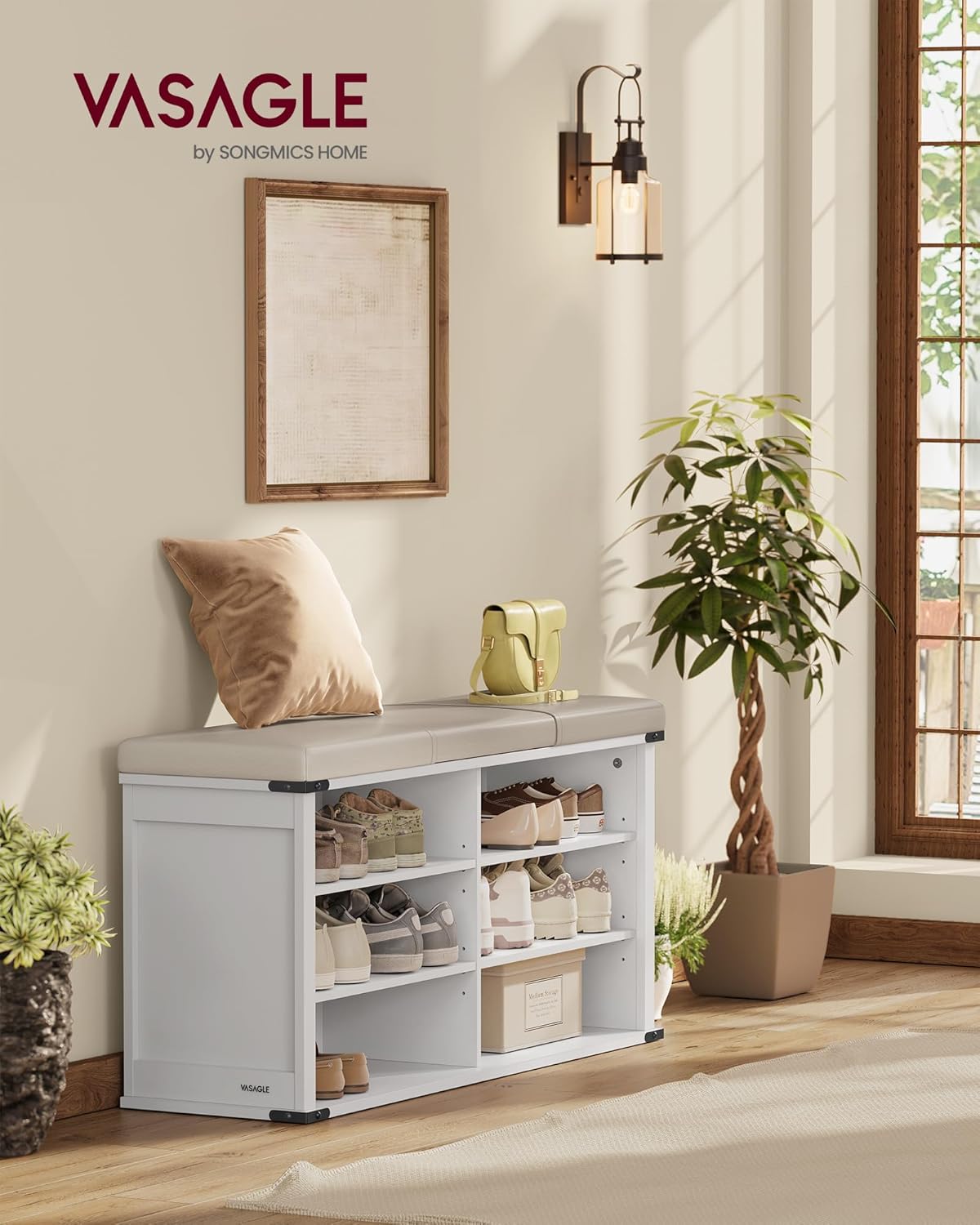 VASAGLE LIRY Collection - Shoe Storage Bench with Removable Cushion, Shoe Rack with Padded Seat, Entryway Bench with 6 Open Compartmens, Adjustable Shelves, Cloud White ULSB105W01