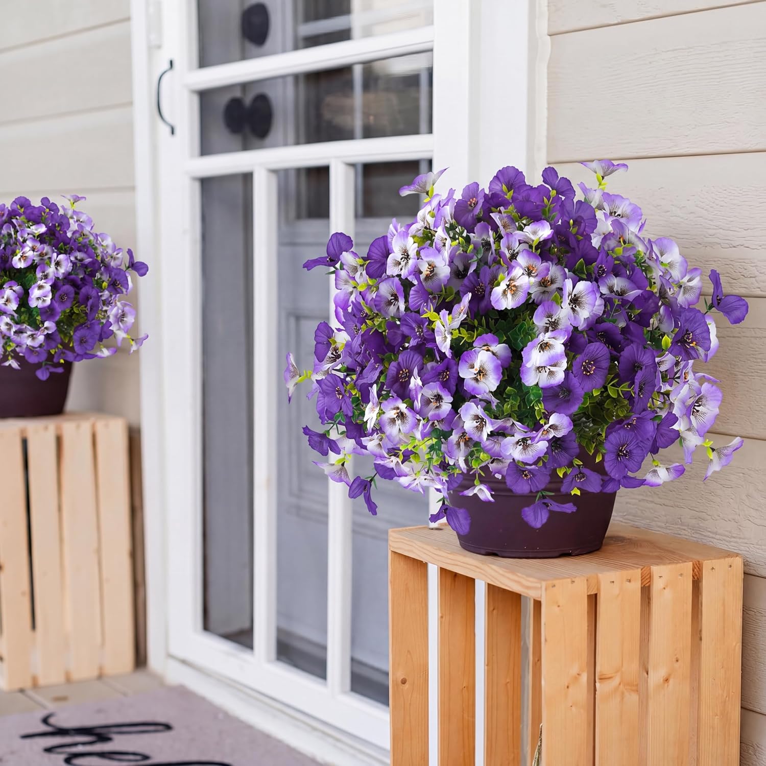 Artificial Pansy Flowers for Outdoors 12 Bundles Realistic Faux Plants UV Resistant Fake Silk Pansy with Eucalyptus for Box Planter Patio Porch Outside Spring Summer Decoration(Gradient Purple)