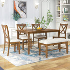 Merax 60" Farmhouse Dining Table Set for 6, Wooden Rectangular Dining Kitchen Table with 4 Fabric Chairs & Bench, 6-Piece Dining Room & Living Room Furniture, Natural Cherry