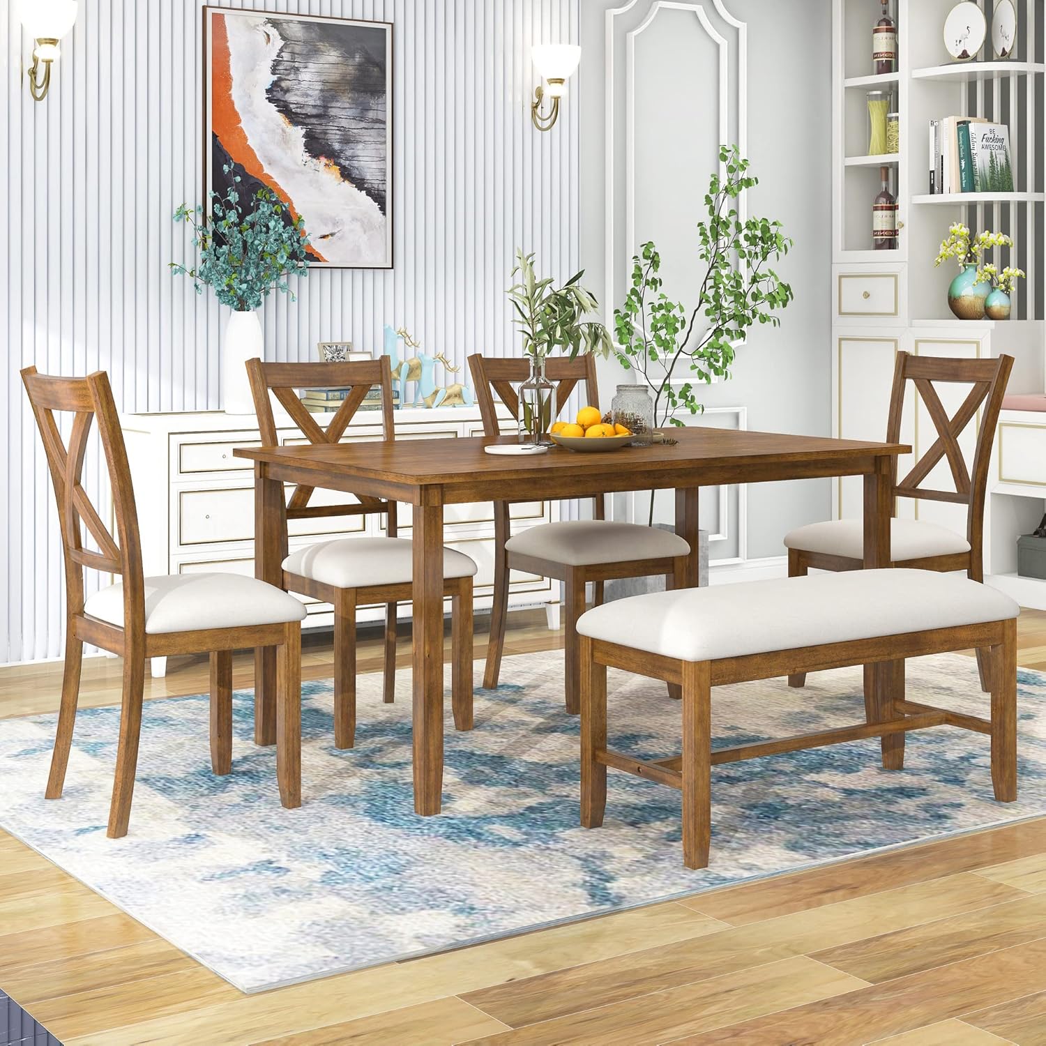 Merax 60" Farmhouse Dining Table Set for 6, Wooden Rectangular Dining Kitchen Table with 4 Fabric Chairs & Bench, 6-Piece Dining Room & Living Room Furniture, Natural Cherry