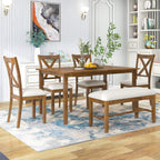 Merax 60" Farmhouse Dining Table Set for 6, Wooden Rectangular Dining Kitchen Table with 4 Fabric Chairs & Bench, 6-Piece Dining Room & Living Room Furniture, Natural Cherry