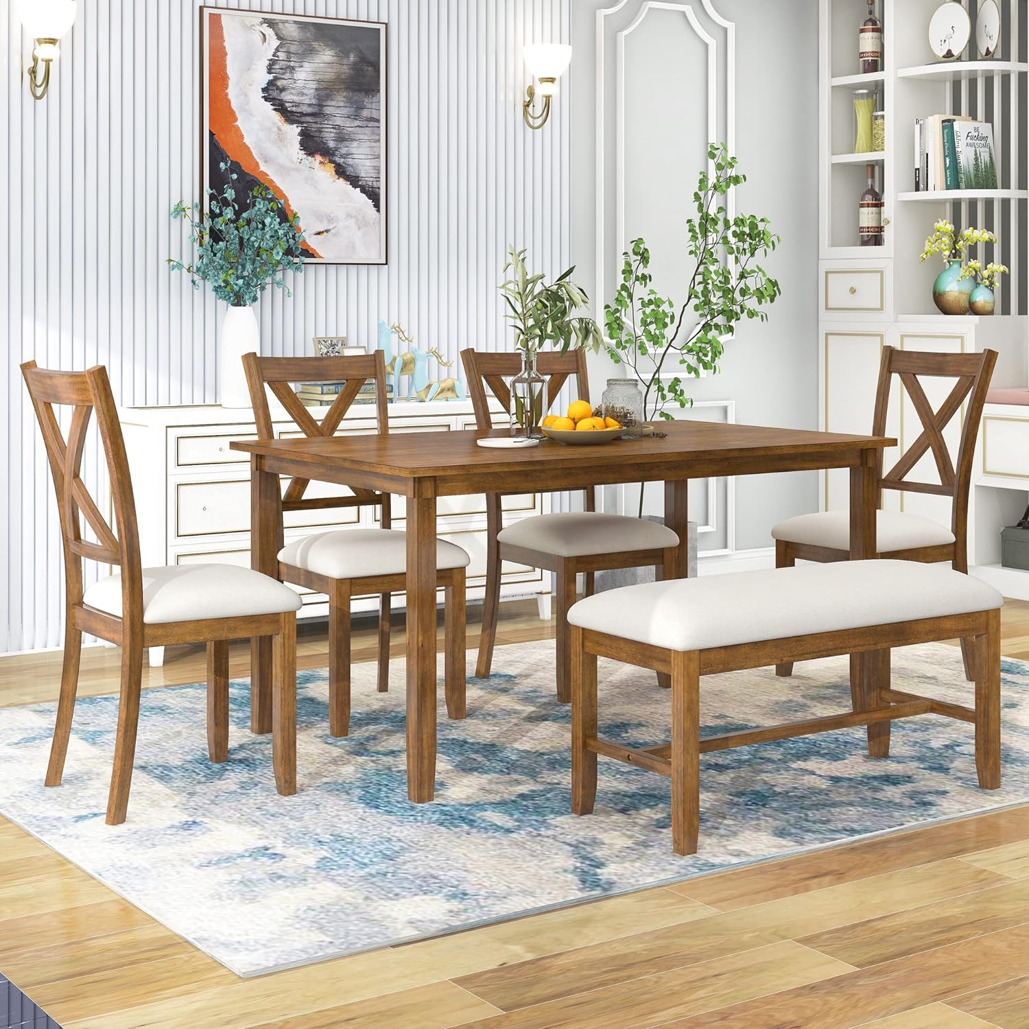 Merax 60" Farmhouse Dining Table Set for 6, Wooden Rectangular Dining Kitchen Table with 4 Fabric Chairs & Bench, 6-Piece Dining Room & Living Room Furniture, Natural Cherry