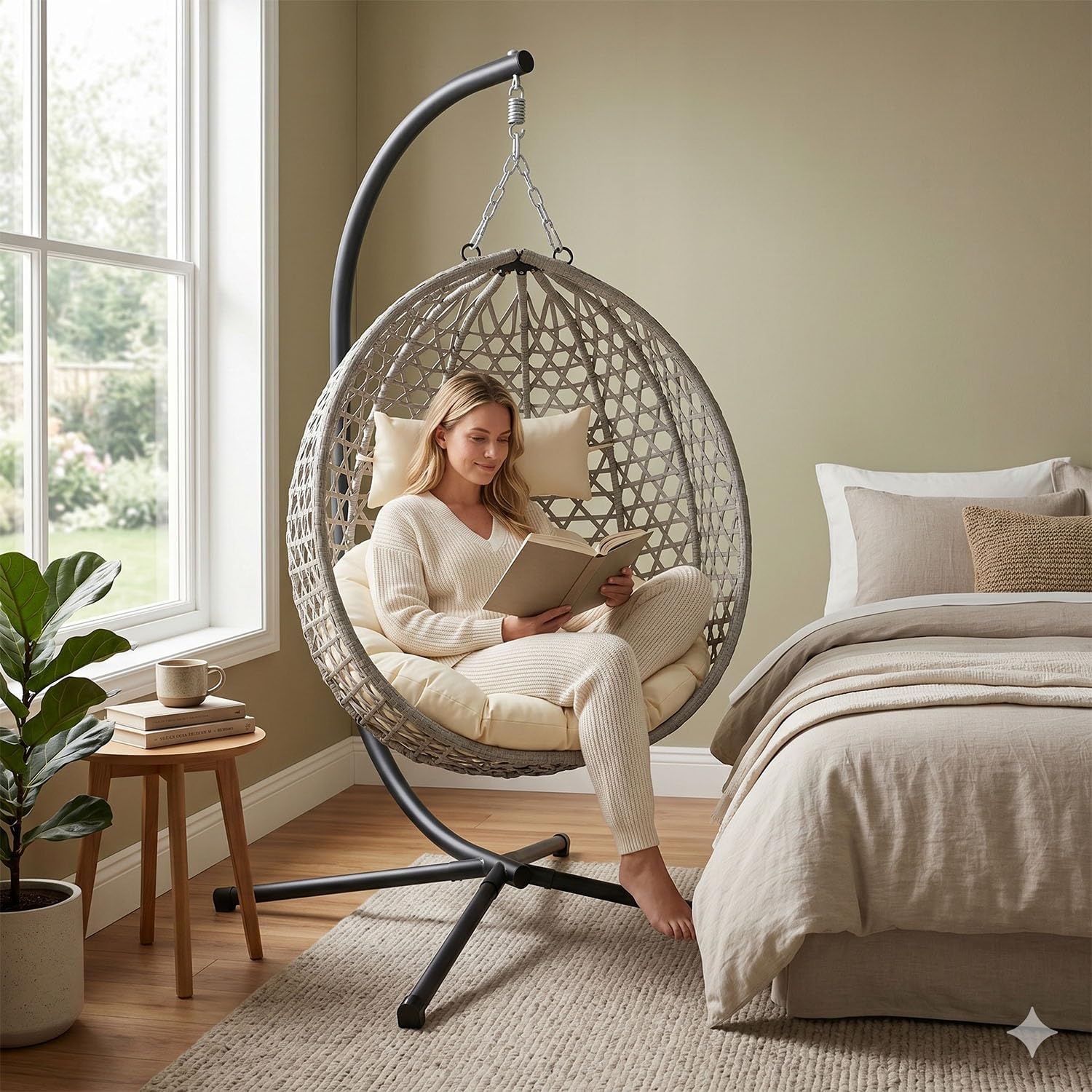 Folding PE Rattan Hanging Egg Chair with Stand, Indoor Outdoor Hammock Swing Basket Chair, Aluminum Steel Frame, 350LBS Capacity for Patio Balcony Backyard Bedroom(Beige+Grey)