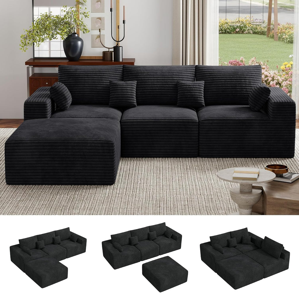 113" L-Shaped Boneless Couch, Modern Modular Sectional Sofa with Deep Seat, Convertible Corduroy Cloud Couches for Living Room,Black,1 PCS