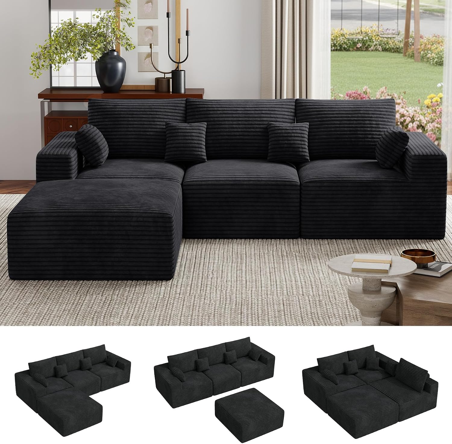 113" L-Shaped Boneless Couch, Modern Modular Sectional Sofa with Deep Seat, Convertible Corduroy Cloud Couches for Living Room,Black,1 PCS