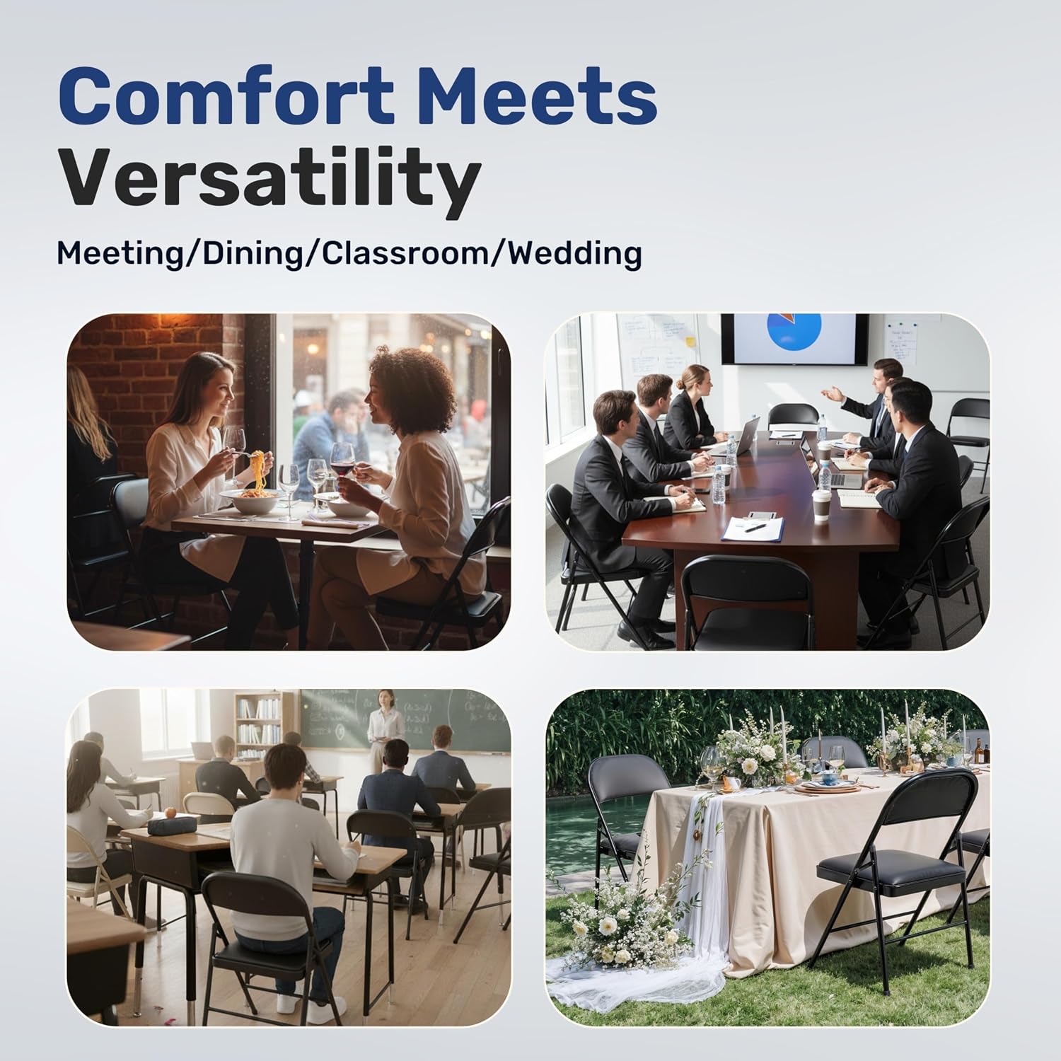 Simple Deluxe Dining Chairs Set of 4, Leather Cushion Foldable Contemporary Kitchen Side Chair with Padded Back & Sturdy Metal Legs, Upholstered Seat for Home/Living Room/Bedroom/Cafe, Black