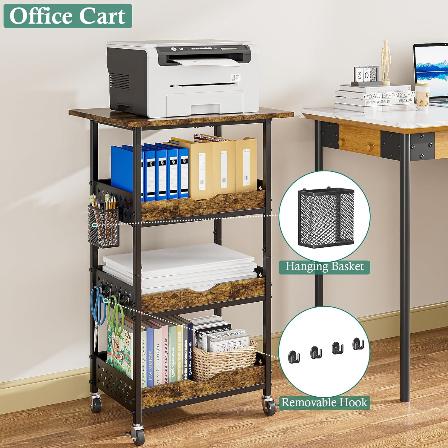 XYZLVSI Rolling Kitchen Microwave Cart, 4 Tier Microwave Table Stand with Fruit Baskets, Kitchen Storage Rack on Wheels, Small Coffee Bar Station Shelf Organizer for Pantry, Living Room Office