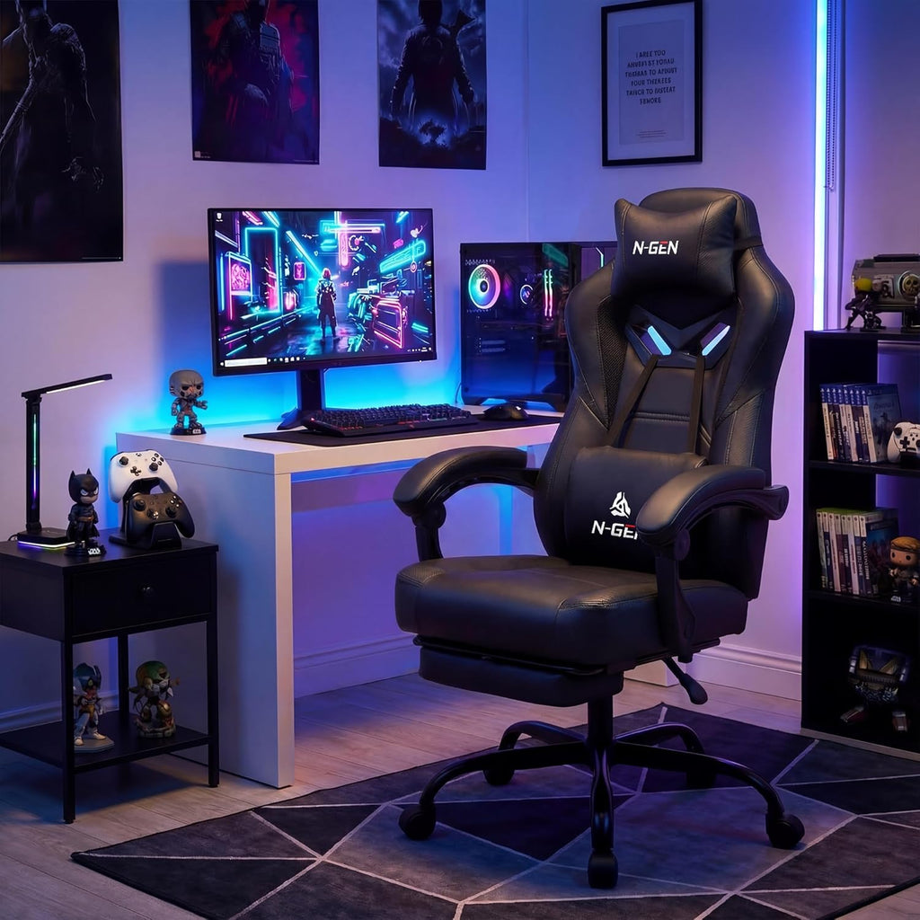 N-GEN GAMING Gaming Chair Big and Tall Computer Heavy Duty Office Desk Chair with Footrest Ergonomic Lumbar Support High Back Recliner for Adults (Dark Black)