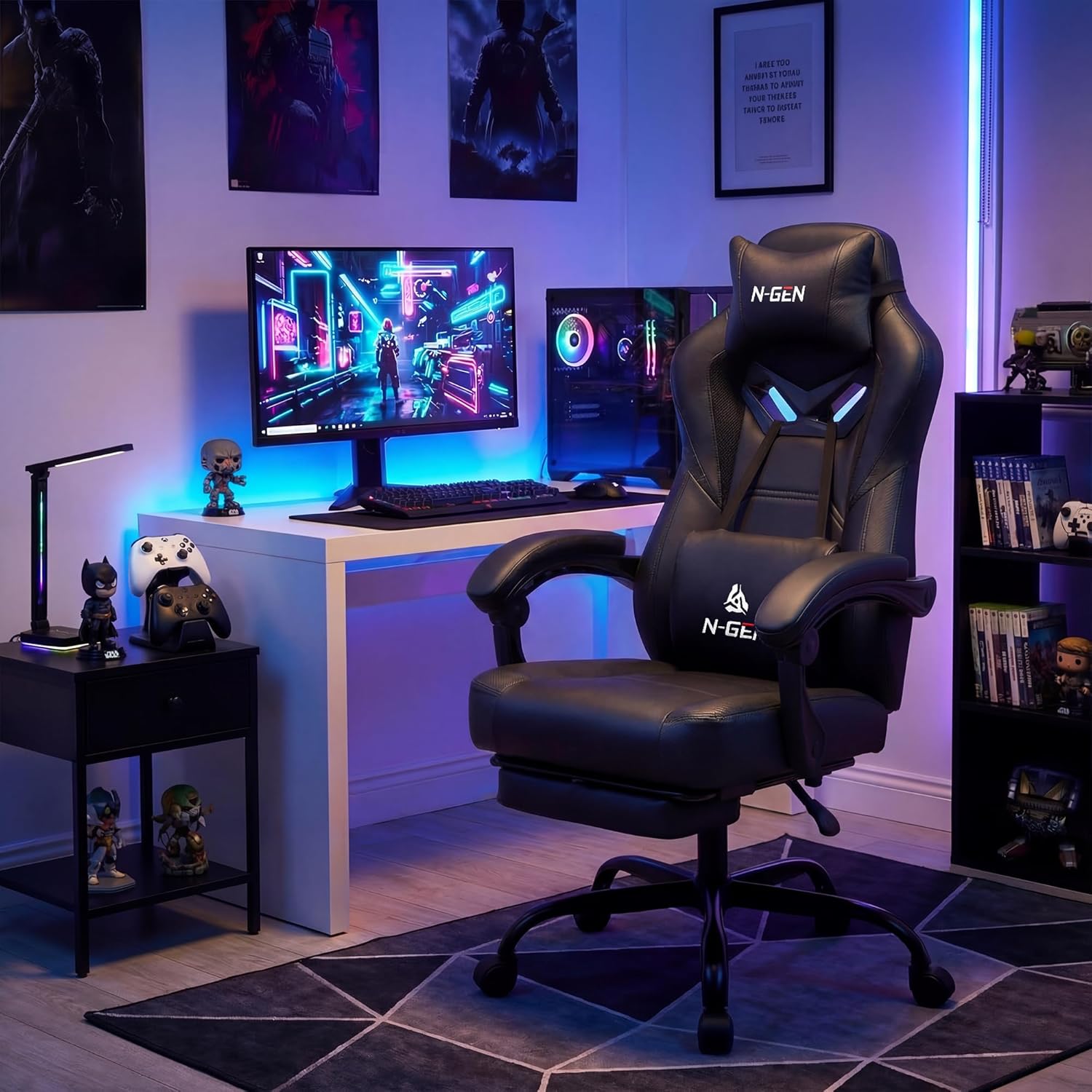 N-GEN GAMING Gaming Chair Big and Tall Computer Heavy Duty Office Desk Chair with Footrest Ergonomic Lumbar Support High Back Recliner for Adults (Dark Black)