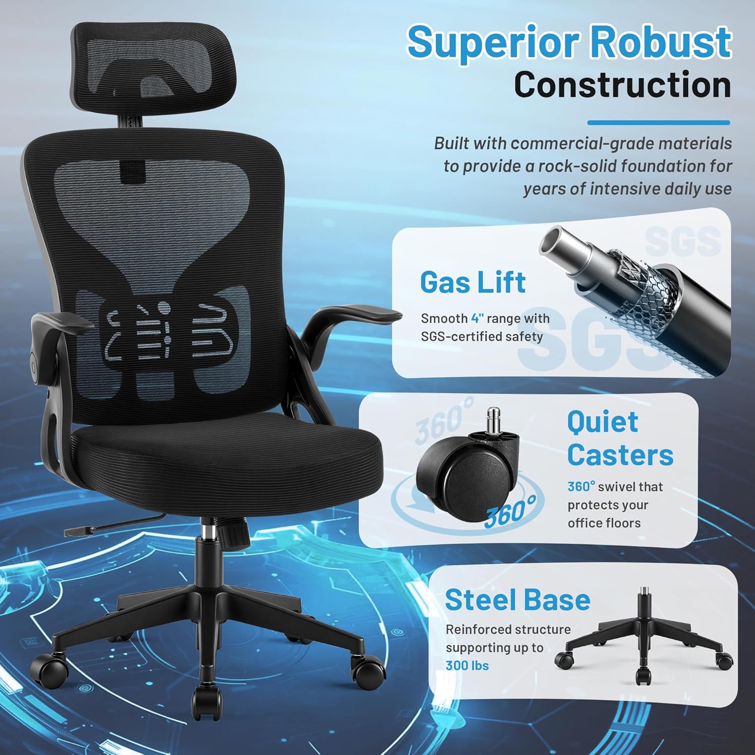 Office Chair Ergonomic Desk Chair with Adjustable Headrest Lumbar Support, High Back Breathable Mesh Chair with 120° Tilt & Flip-Up Armrests, Swivel Comfy Task Computer Chair for Work, Study