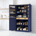 Tall Kitchen Pantry with 2 Drawers, 2 Adjustable Shelves and 8 Door Shelves, Freestanding Large Cupboard Storage Cabinet for Dining Room (Blue)