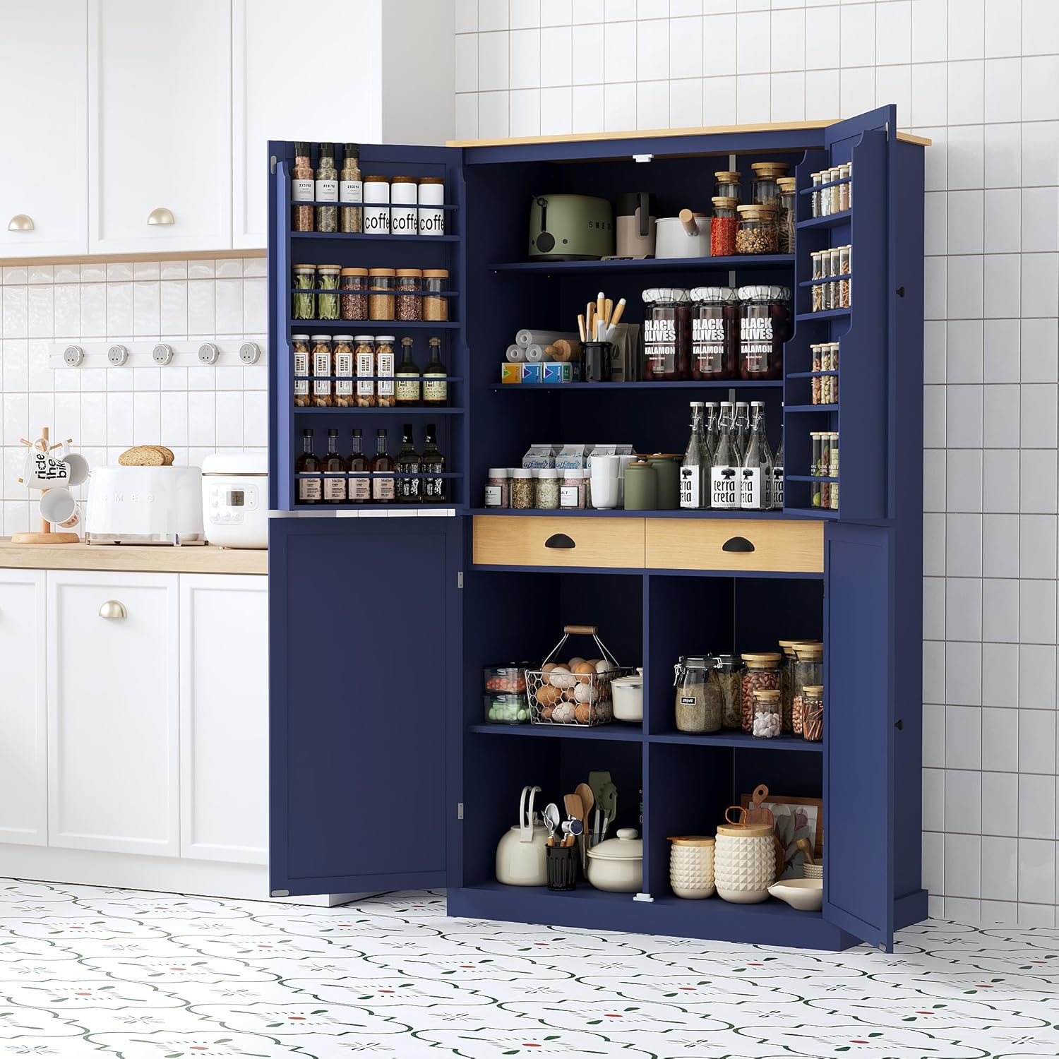 Merax 4 Doors Kitchen Pantry Storage Cabinet with 2 Drawers, 71.3" H Tall Pantry Blue Cupboard Kitchen Hutch with 2 Adjustable Shelves, Floor Spice Cabinet with 8 Door Shelves for Dining Room, Blue
