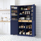 71.3'' Tall Wood Kitchen Pantry, Farmhouse Food Pantry Cabinet with 8 Door Shelves / 2 Drawers, Freestanding Large Cupboard with Adjustable Shelves for Kitchen Dining Room, Blue