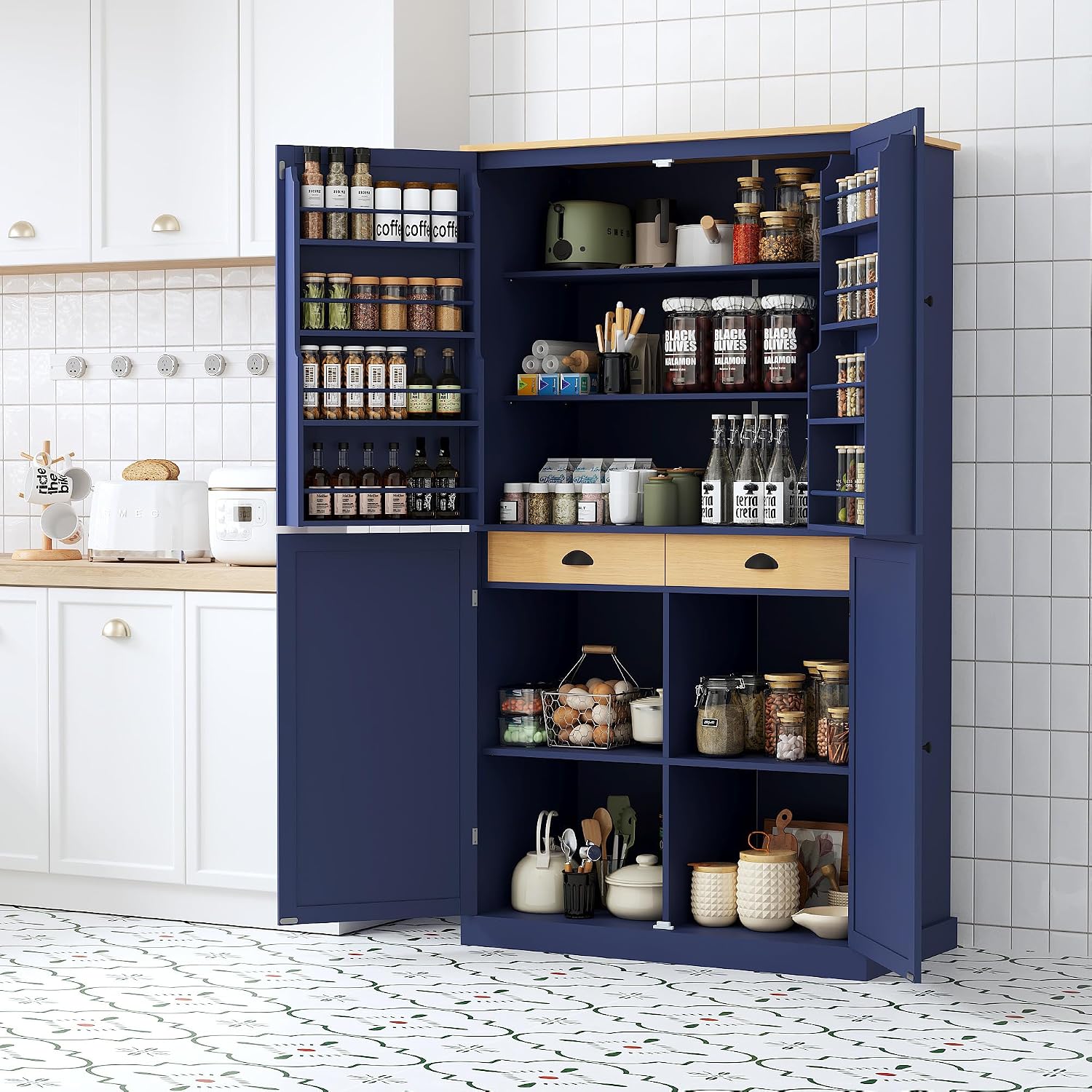 71.3'' Tall Wood Kitchen Pantry, Farmhouse Food Pantry Cabinet with 8 Door Shelves / 2 Drawers, Freestanding Large Cupboard with Adjustable Shelves for Kitchen Dining Room, Blue