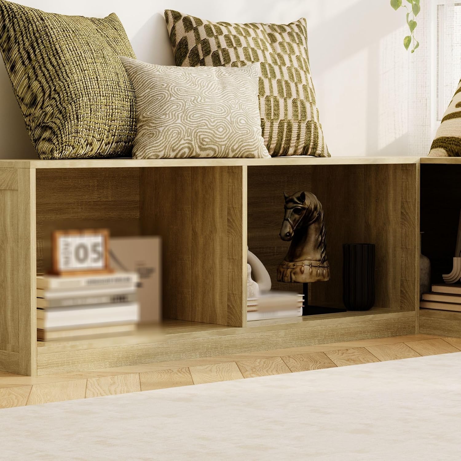 L-Shaped Corner Banquette Storage Bench, Entryway Bench with Open Shoe Storage Shelves for Bedroom, Kitchen Breakfast Nook Corner Benches for Dining Room, Living Room,Oak Color (No Cushion)