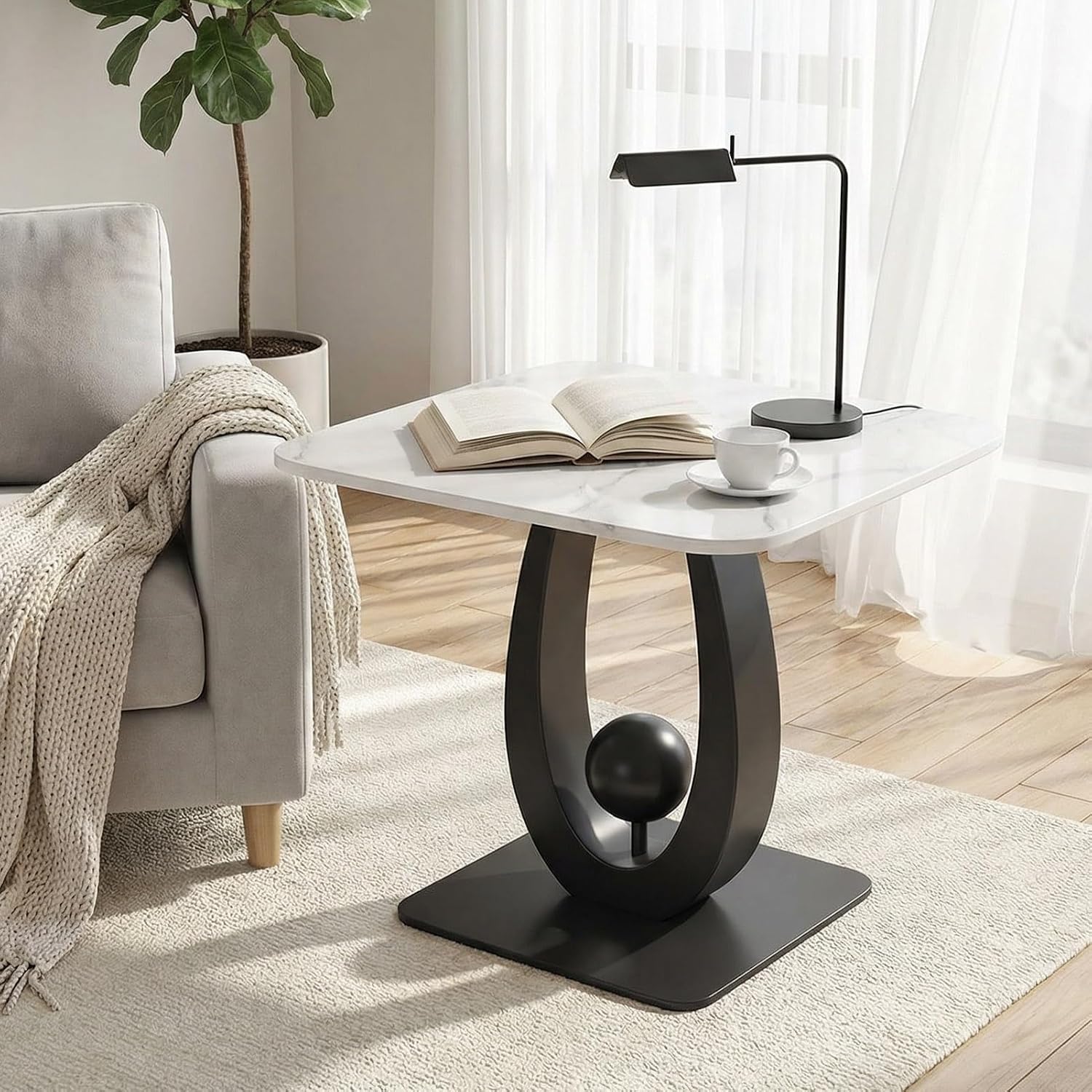Modern Side Table with Sintered Stone Top, Small End Table with Open Storage Shelf Coffee Table Narrow Bedside Tables for Living Room, Bedroom, Couch, Nightstand(Black2,19.7"x19.7"x21.7")