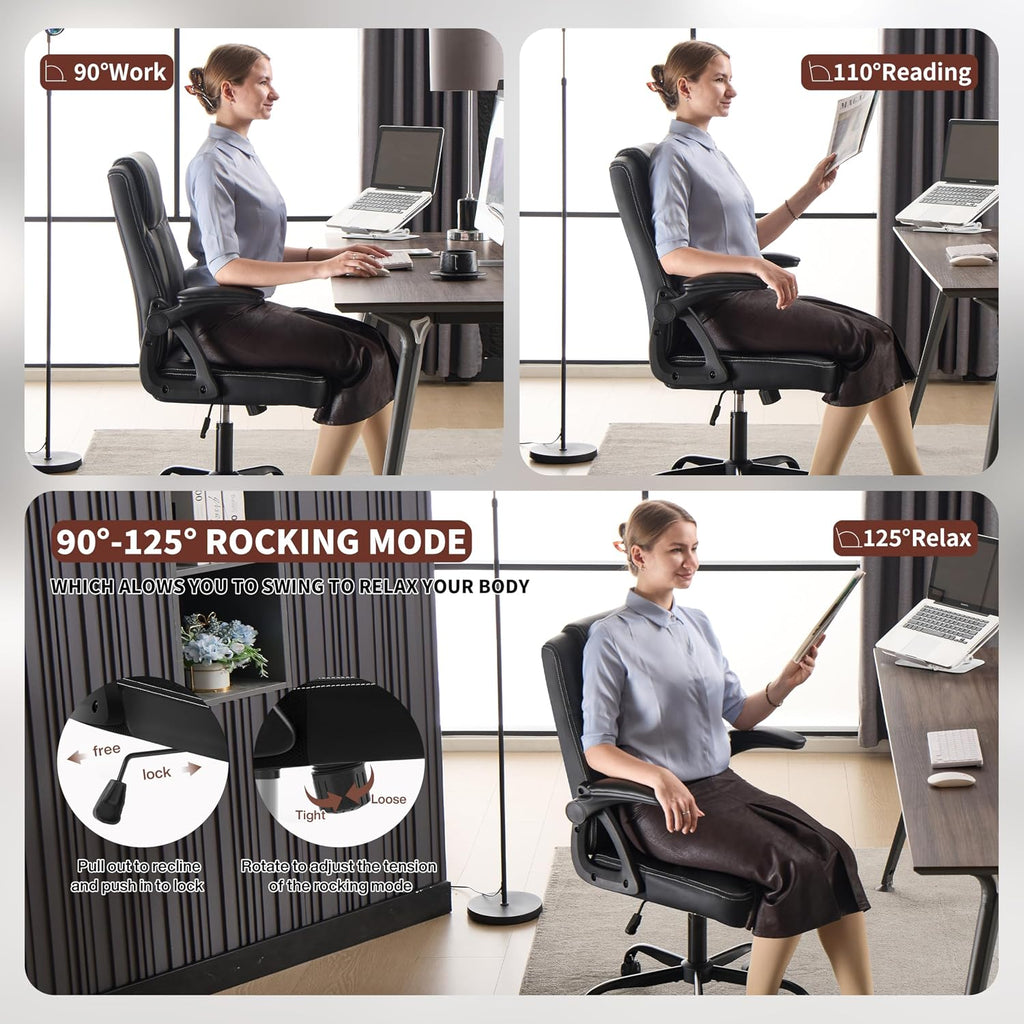 Executive Office Chair, Ergonomic PU Leather Computer Chairs, Executive Breathable Desk Chair with Padded Flip-Up Arms, 360° Swivel Rolling Chair Comfy Padded for Working Studying Gaming (Black)