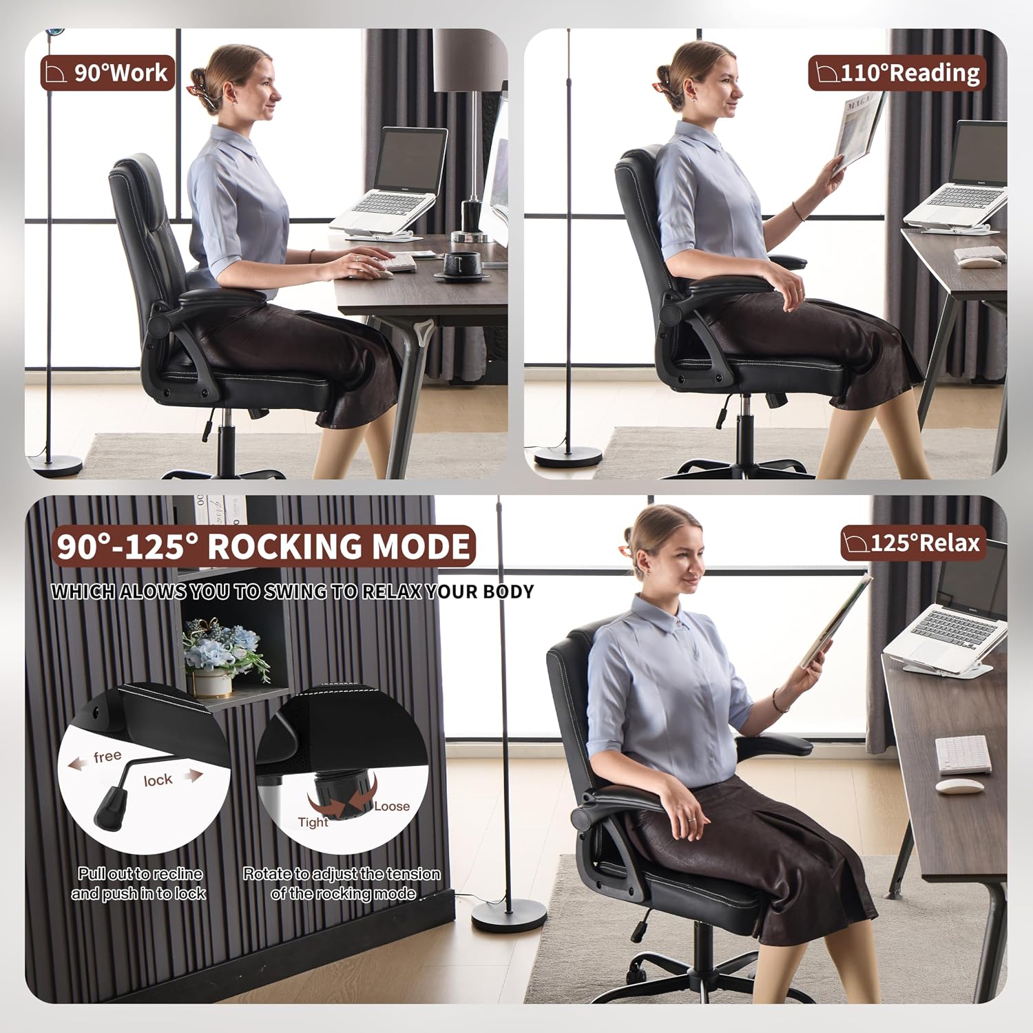Executive Office Chair, Ergonomic PU Leather Computer Chairs, Executive Breathable Desk Chair with Padded Flip-Up Arms, 360° Swivel Rolling Chair Comfy Padded for Working Studying Gaming (Black)