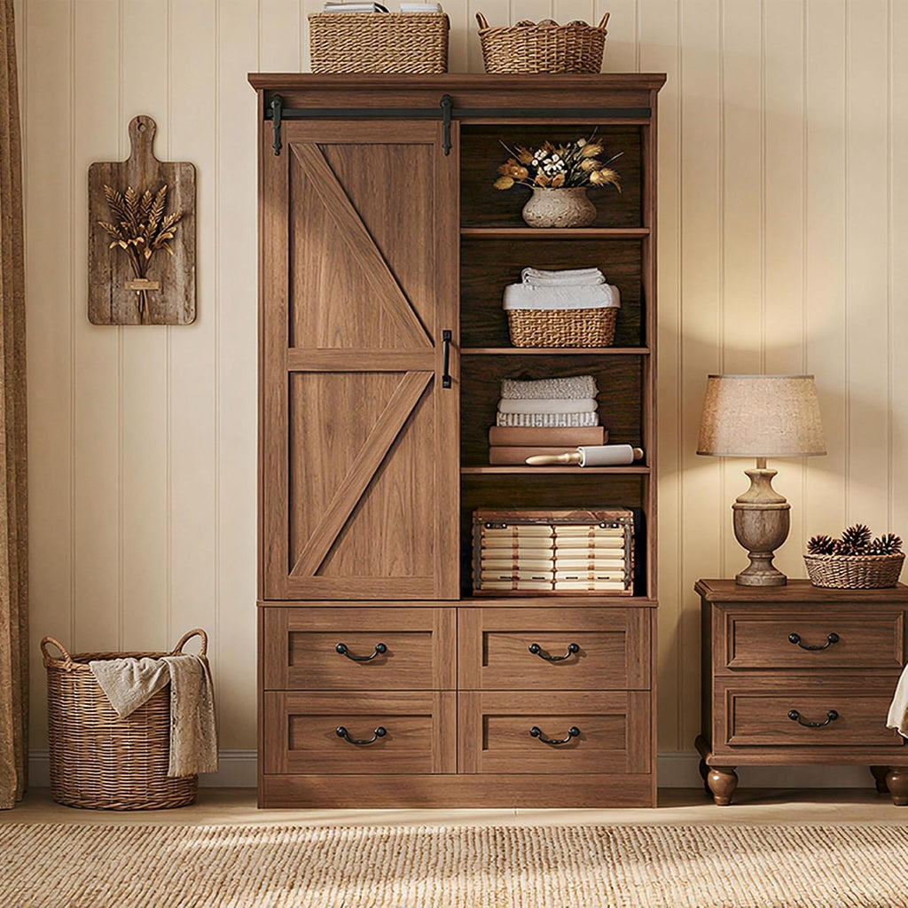 IRONCK Armoire Wardrobe Closet with 4 Drawers,71" Wardrobe Cabinet with Sliding Barn Doors, Tall Clothing Storage Cabinet with Hanging Rod and Shelves for Bedroom,Walnut