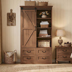 IRONCK Armoire Wardrobe Closet with 4 Drawers,71" Wardrobe Cabinet with Sliding Barn Doors, Tall Clothing Storage Cabinet with Hanging Rod and Shelves for Bedroom,Walnut