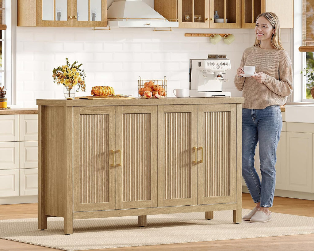 55" Buffet Cabinet with Storage, Large Sideboard Buffet Cabinet with 4 Adjustable Shelves, Modern Fluted Coffee Bar for Kitchen, Living Room, Natural