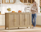 55" Buffet Cabinet with Storage, Large Sideboard Buffet Cabinet with 4 Adjustable Shelves, Modern Fluted Coffee Bar for Kitchen, Living Room, Natural