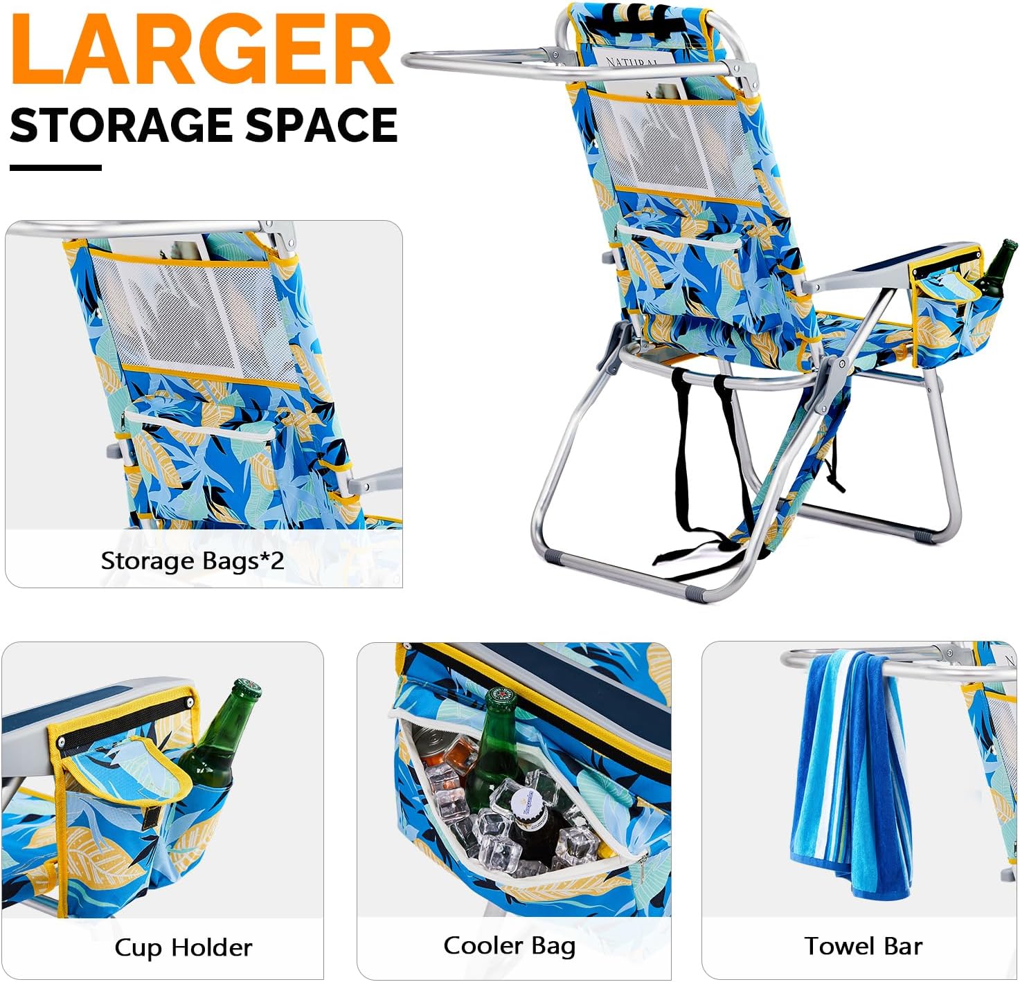 16" Tall Beach Chairs for Adults,2-Pack Lightweight Backpack Chair with 5-Position,Cooler Bag,Cup Holder,Towel Rack，Suitable for Camping Pool Patio Lawn Outdoor Travel