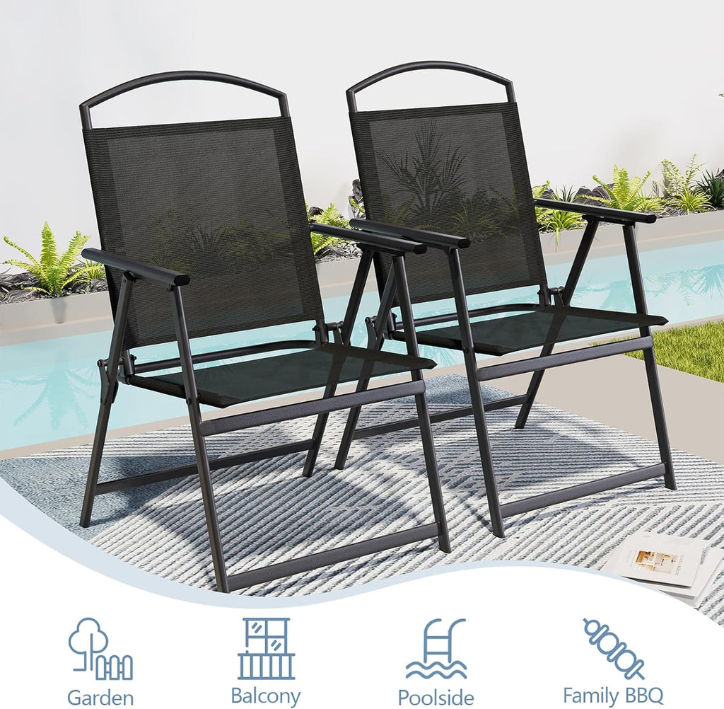 SWITTE Folding Patio Chairs Set of 2, Outdoor Dining Chairs with Armrests, Breathable Textilene & Steel Frame for Lawn, Garden, Yard or Poolside - Black