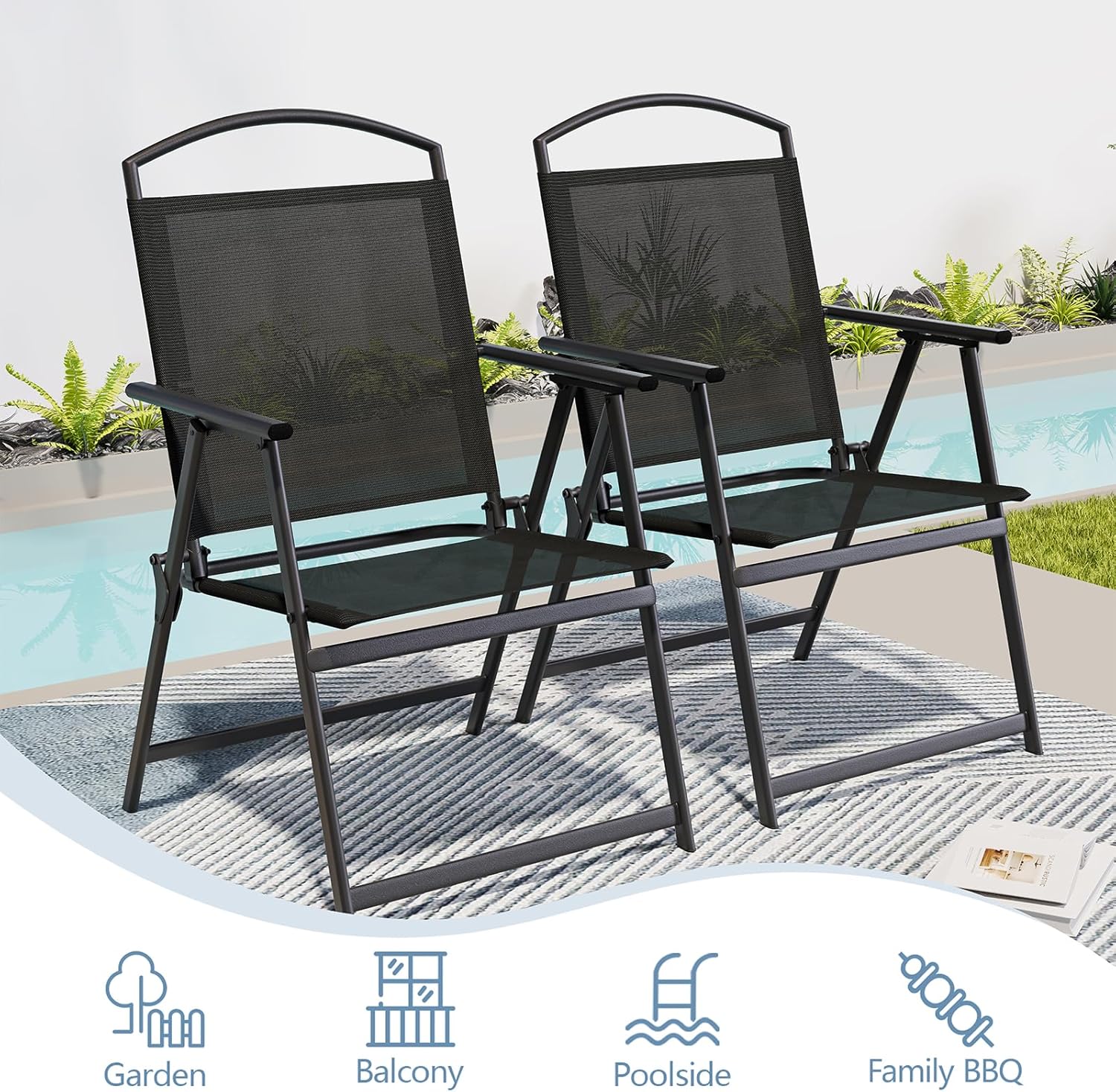 SWITTE Folding Patio Chairs Set of 2, Outdoor Dining Chairs with Armrests, Breathable Textilene & Steel Frame for Lawn, Garden, Yard or Poolside - Black
