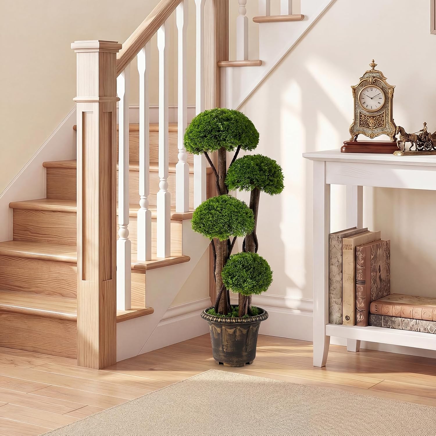 Goplus 3 FT Artificial Cypress Topiary Ball Tree, Faux Greenery Plant with Cement-Filled Planter, Vines, Real Wood Trunks, Indoor Outdoor Fake Shrub Plant for Office Home Front Porch Decor (2 Pack)