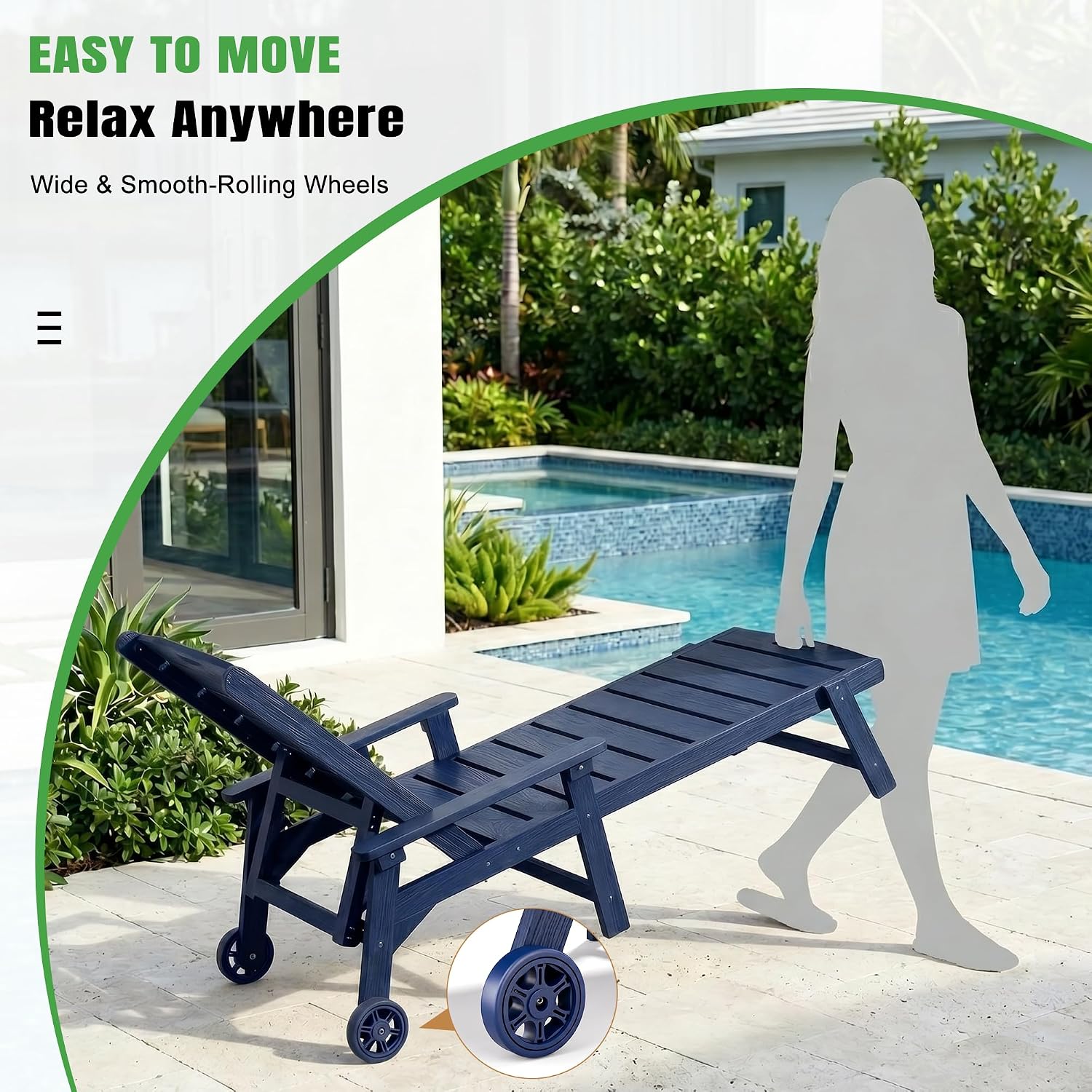 Outdoor Lounge Chair Set of 2 with 5-Position Adjustable, Outside Lounge Chair with Cup Holder, Wheels for Easy Mobility, HDPE Tanning Chair for Poolside, Patio, Blue