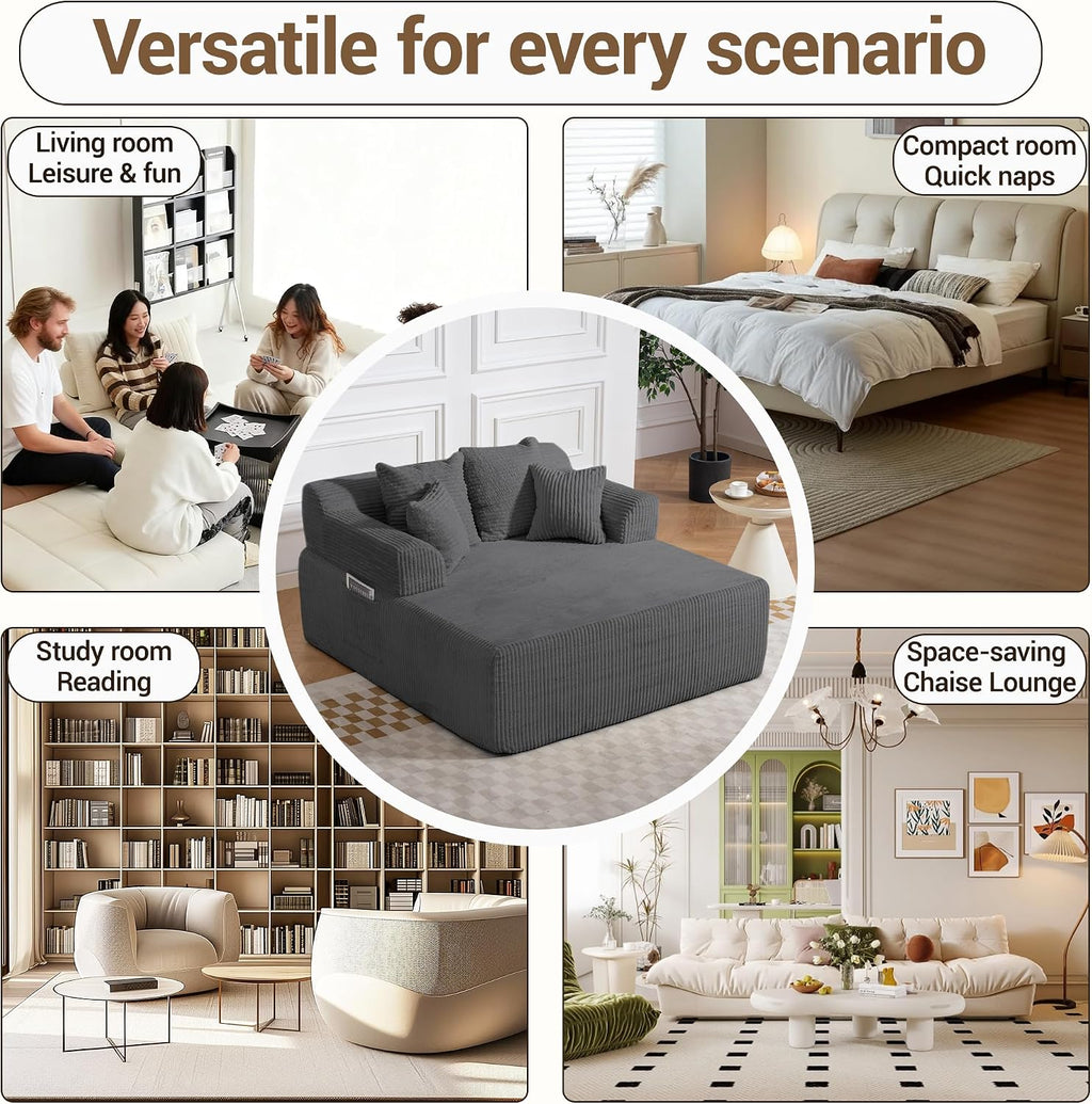 58" Oversized Boneless Chair, Corduroy Lounge Chaise Chair Indoor Sleeper Sofa Bed with Arms and 4 Pillows, No Assembly for Bedroom Living Room, Grey