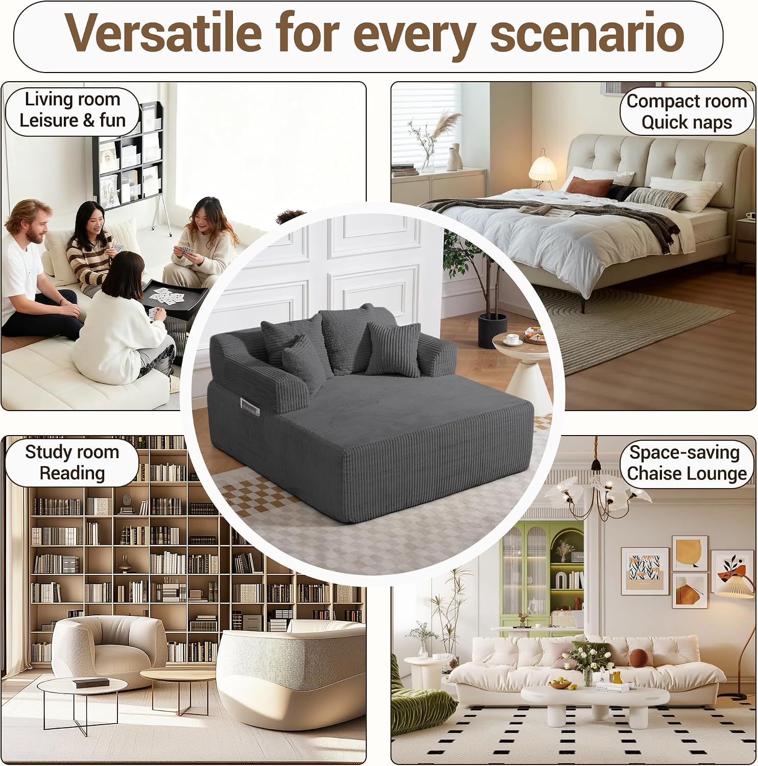 58" Oversized Boneless Chair, Corduroy Lounge Chaise Chair Indoor Sleeper Sofa Bed with Arms and 4 Pillows, No Assembly for Bedroom Living Room, Grey