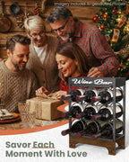 9 Bottles Wine Racks Countertop Freestanding with Top Tray, Modern Black Metal &Wood, 3 Tier Tabletop Wine Holder Stand for Home Kitchen Bar, Cabinet, Pantry, Wine Bottle Storage