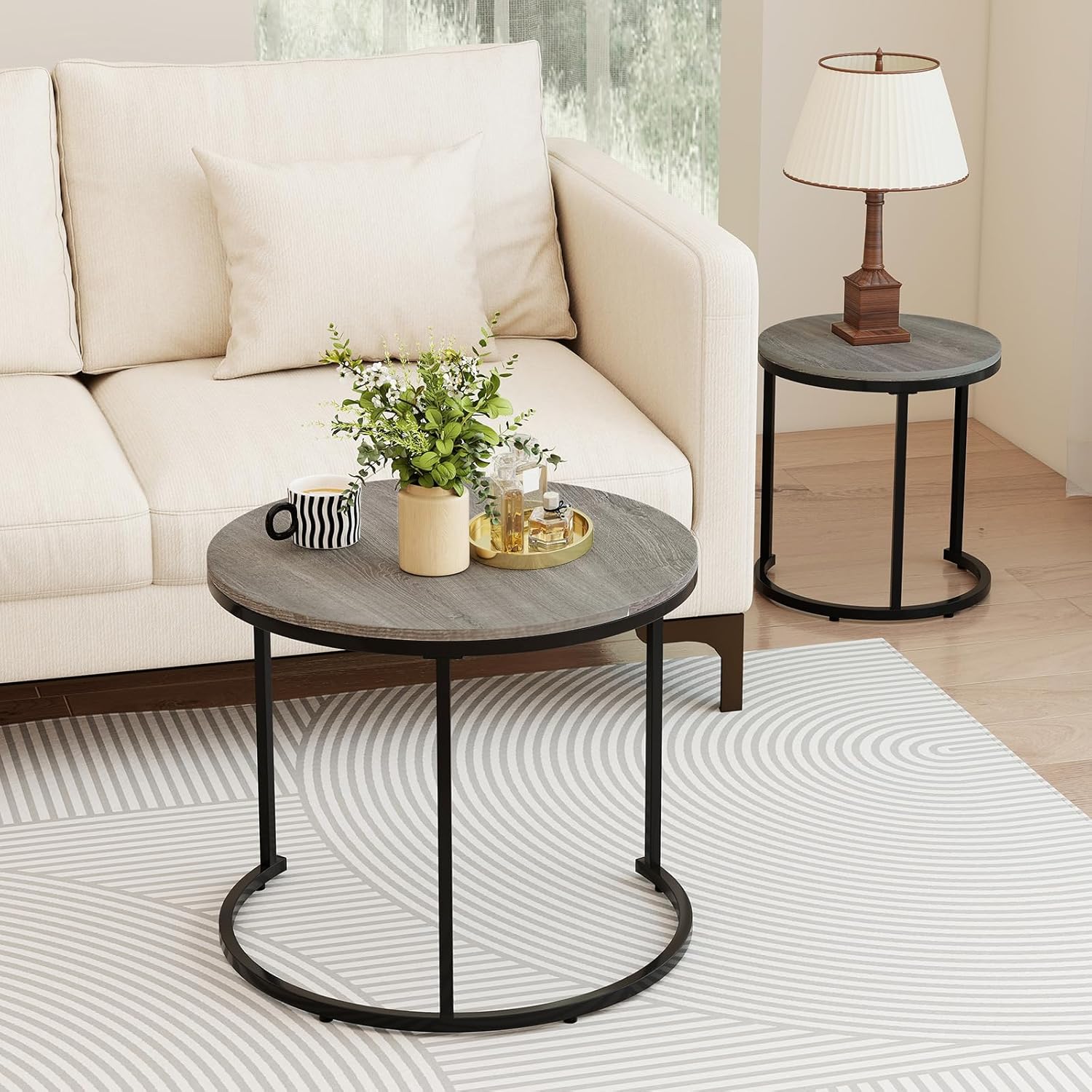 Giantex Nesting Coffee Table Set of 2, Round Stacking Side Tables with Wooden Tabletop & Powder Coated Steel Frame, Space Saving Vintage End Tables for Living Room, Balcony, Office (Grey Oak)