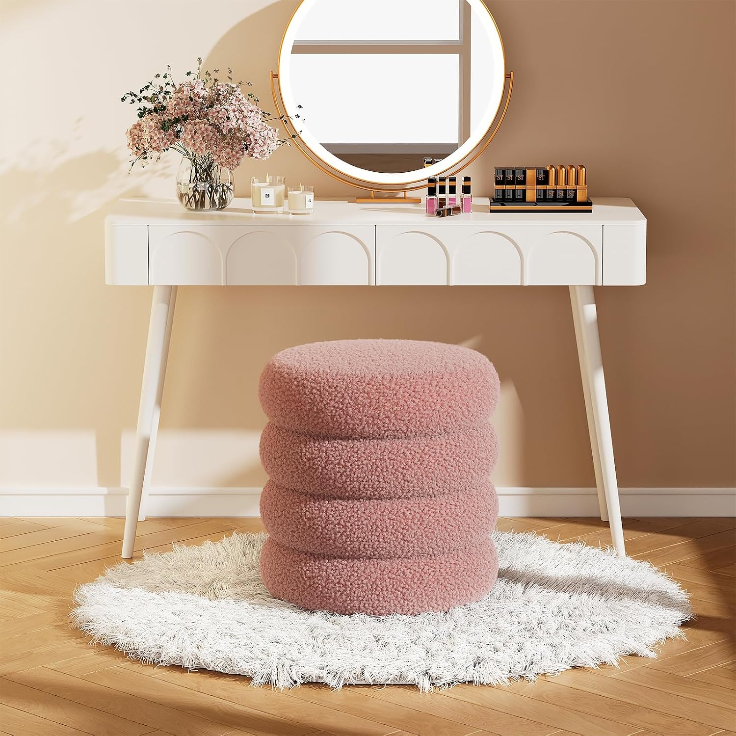 Soft Teddy Round Ottoman with Tray, 17.5 Inches Ottoman Coffee Table with Storage for Living Room, Vanity Stool with Storage Bedroom, Load up to 300 lb, No Assembly Required (Dusty Pink)