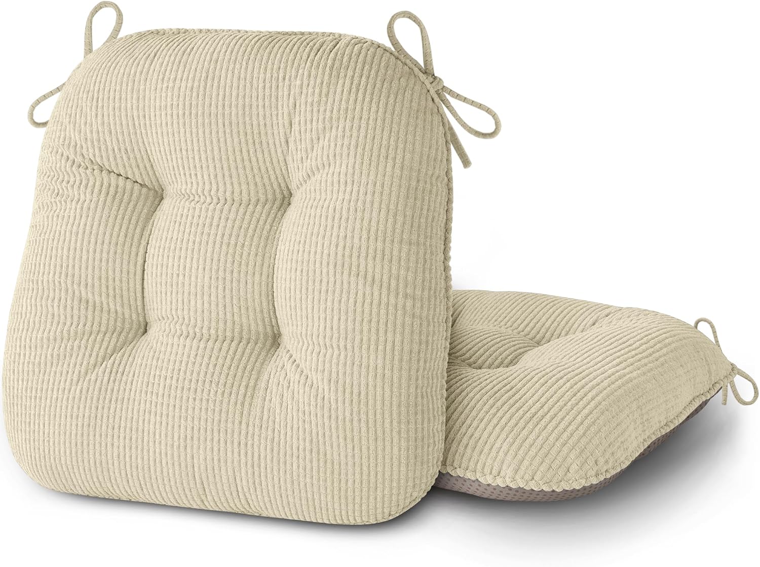 AddGrace Chair Cushions for Dining Chairs Set of 2 Non-Slip Kitchen Seat Cushions with Ties Tufted Thick Seat Pads for Indoor Kitchen Dining Furniture 17"x16"x3" Beige