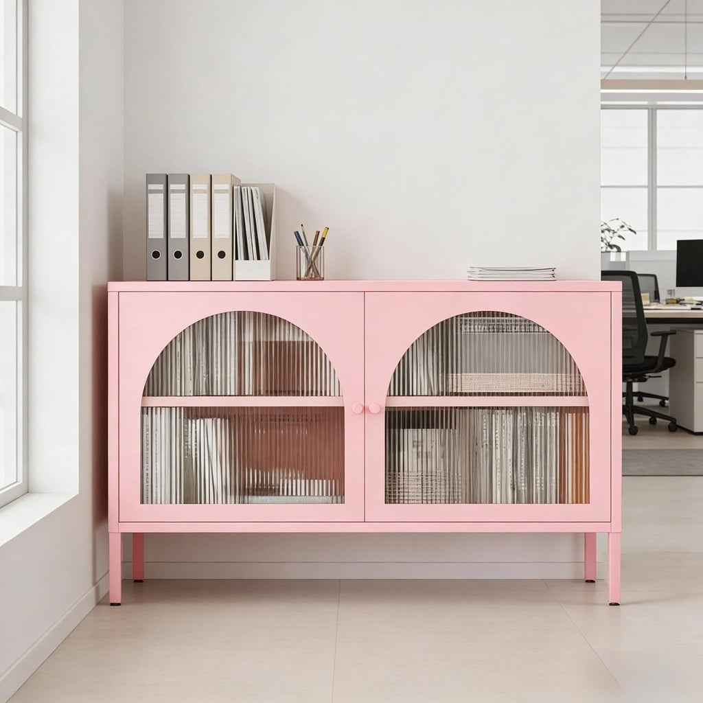 2 Door Metal Accent Storage Cabinet for Music Studio,Living Room,Home,Hotel,Office,2-Tier Steel Storage Locker TV Stand (Translucent Door, New Pink)