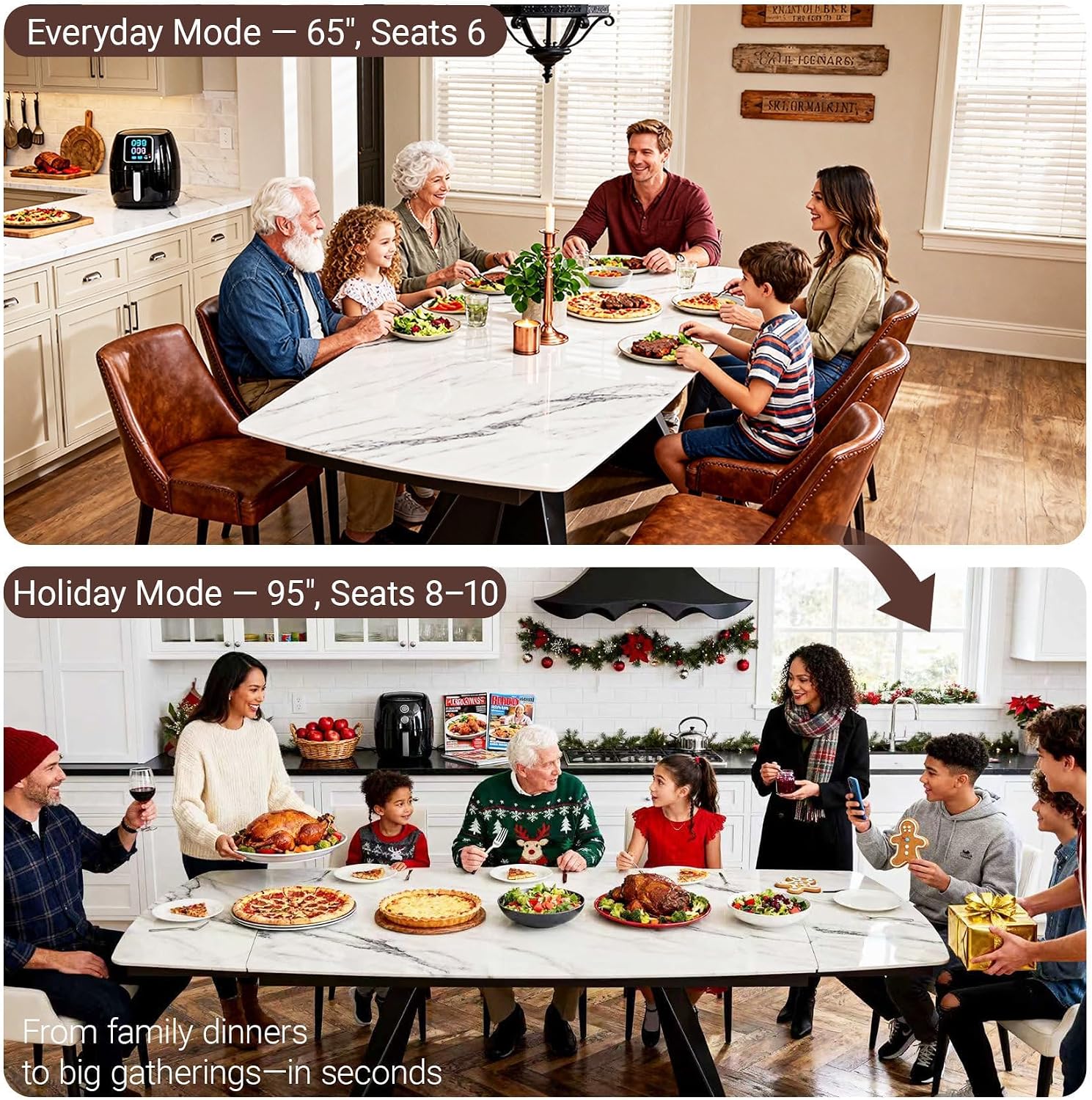 Honyee Extendable Dining Table with Leaf, 78 to 110 Inch Rectangular Sintered Stone, Modern Large Dining Room Table Seats 6 8 10 12, Metal Base, Marble Look for Family Gatherings