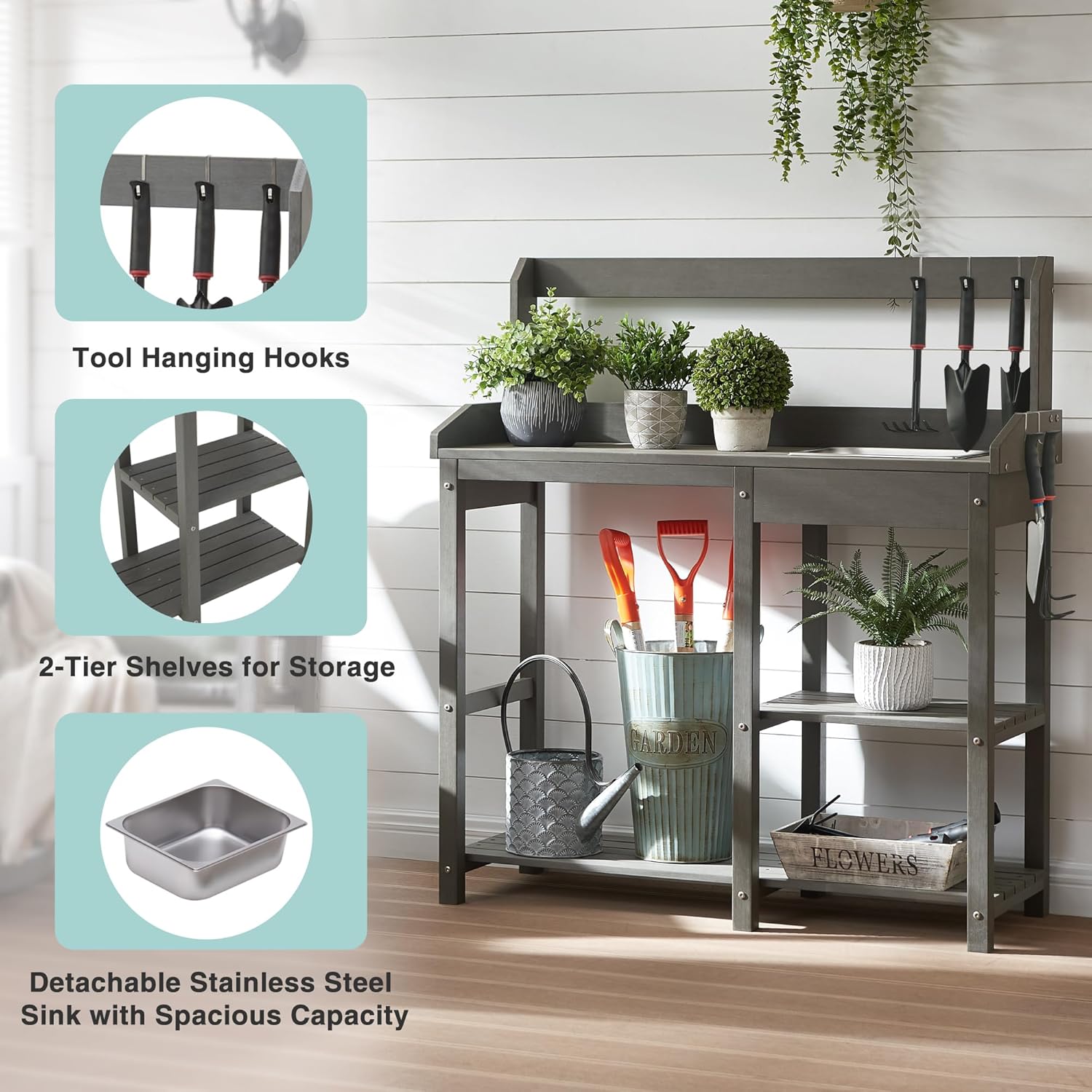 Psilvam Outdoor Potting Bench with Sink, Rot-Resistant HDPS Potting Table for Outside Garden, All-Weather Use (Gray)