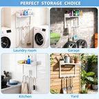 HUFAND Broom Holder Wall Mount, 15" Large Mop and Broom Organizer Wall Hanging with Top Storage Shelf, Heavy Duty Iron Utility Rack for Laundry Room, Garage, Kitchen, Garden - White