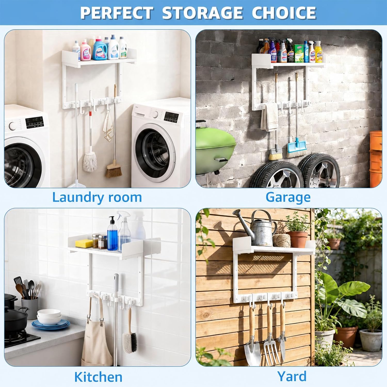 HUFAND Broom Holder Wall Mount, 15" Large Mop and Broom Organizer Wall Hanging with Top Storage Shelf, Heavy Duty Iron Utility Rack for Laundry Room, Garage, Kitchen, Garden - White