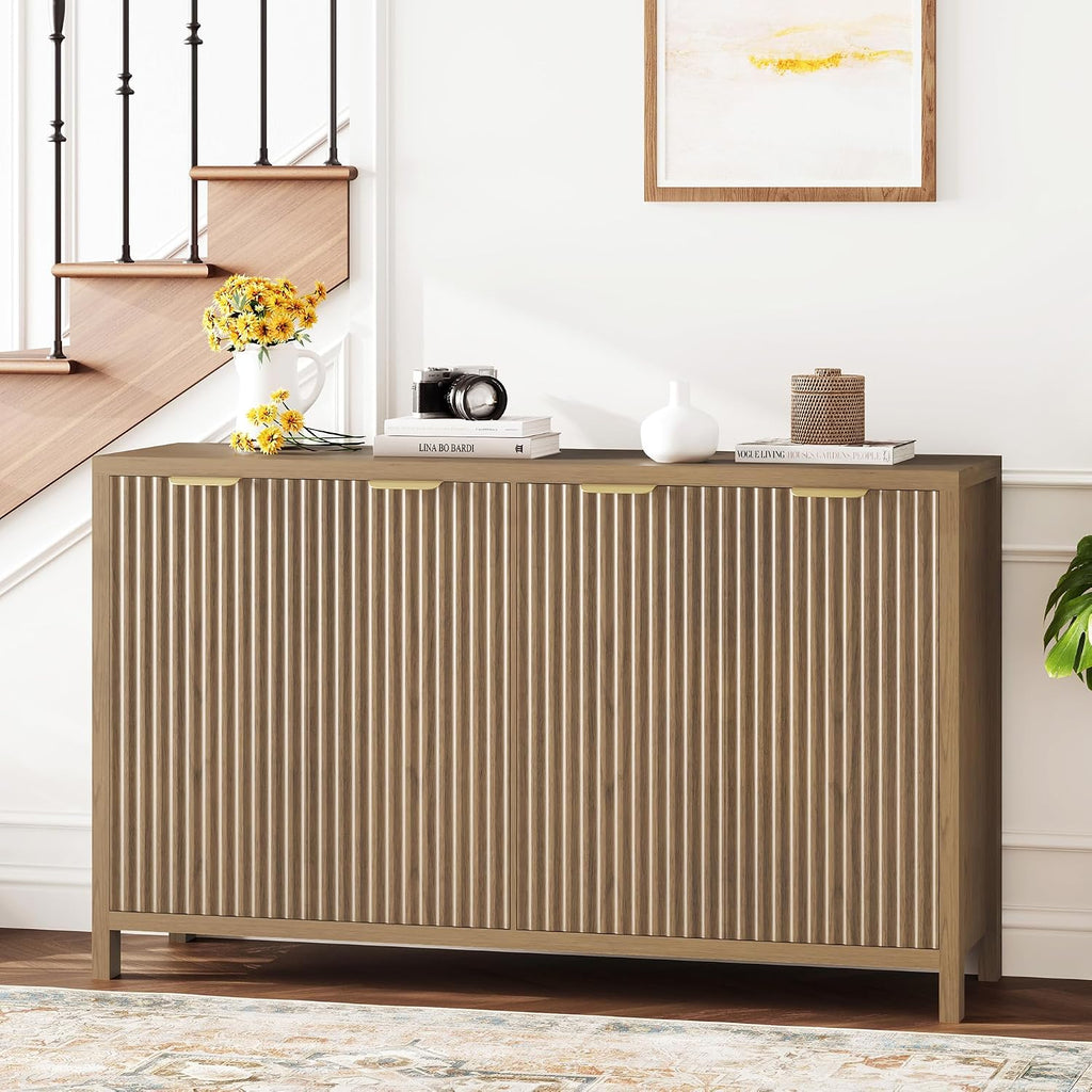 Fluted Buffet Cabinet with Storage, 55" Sideboard Cabinet with 4 Doors, Modern Credenza Accent Console Cabinet Coffee Bar Table for Living Room Dining Room Hallway, Walnut