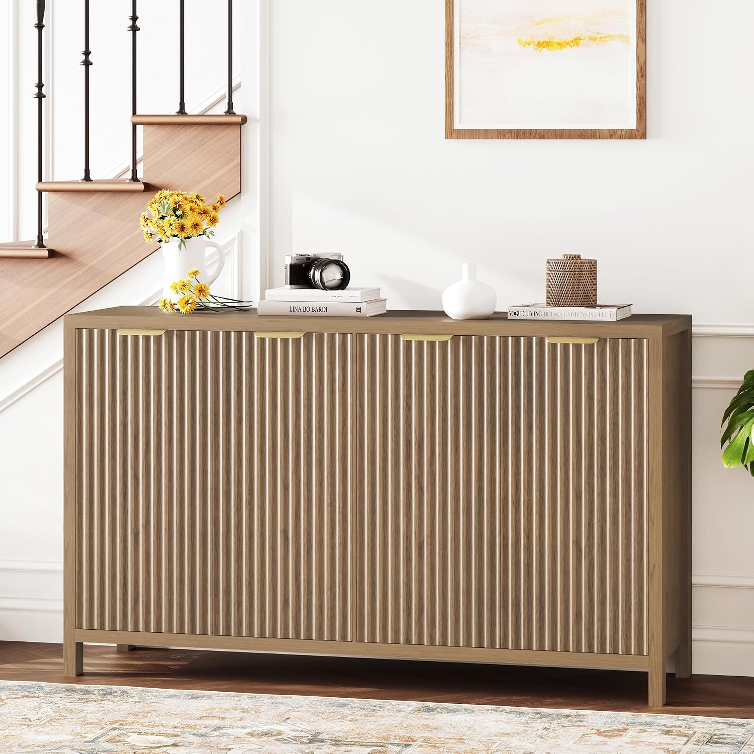 Fluted Buffet Cabinet with Storage, 55" Sideboard Cabinet with 4 Doors, Modern Credenza Accent Console Cabinet Coffee Bar Table for Living Room Dining Room Hallway, Walnut