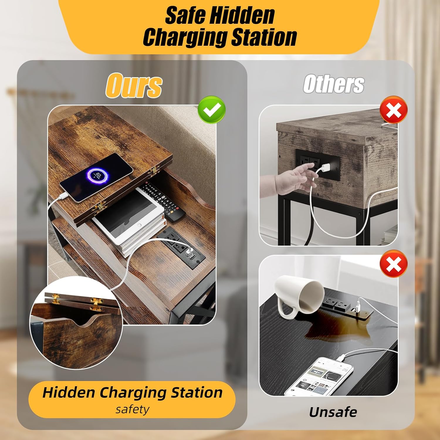 TooCust Flip Top End Table with Charging Station Set of 2, 12" D×21" W×26" H Small Side Tables with Storage & Shelves, Compact Side Table for Small Spaces, End Tables Living Room Set of 2, Brown