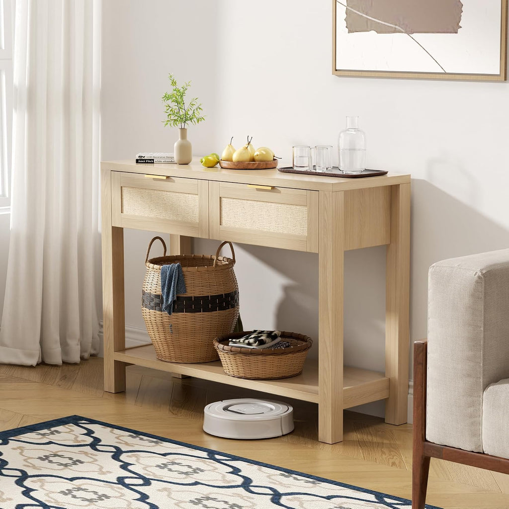 Boho Chic Console Table with 2 Rattan Drawers and Open Shelf Storage, Narrow Farmhouse Sofa Table for Small Space Entryway, Living Room,Hallway,Natural